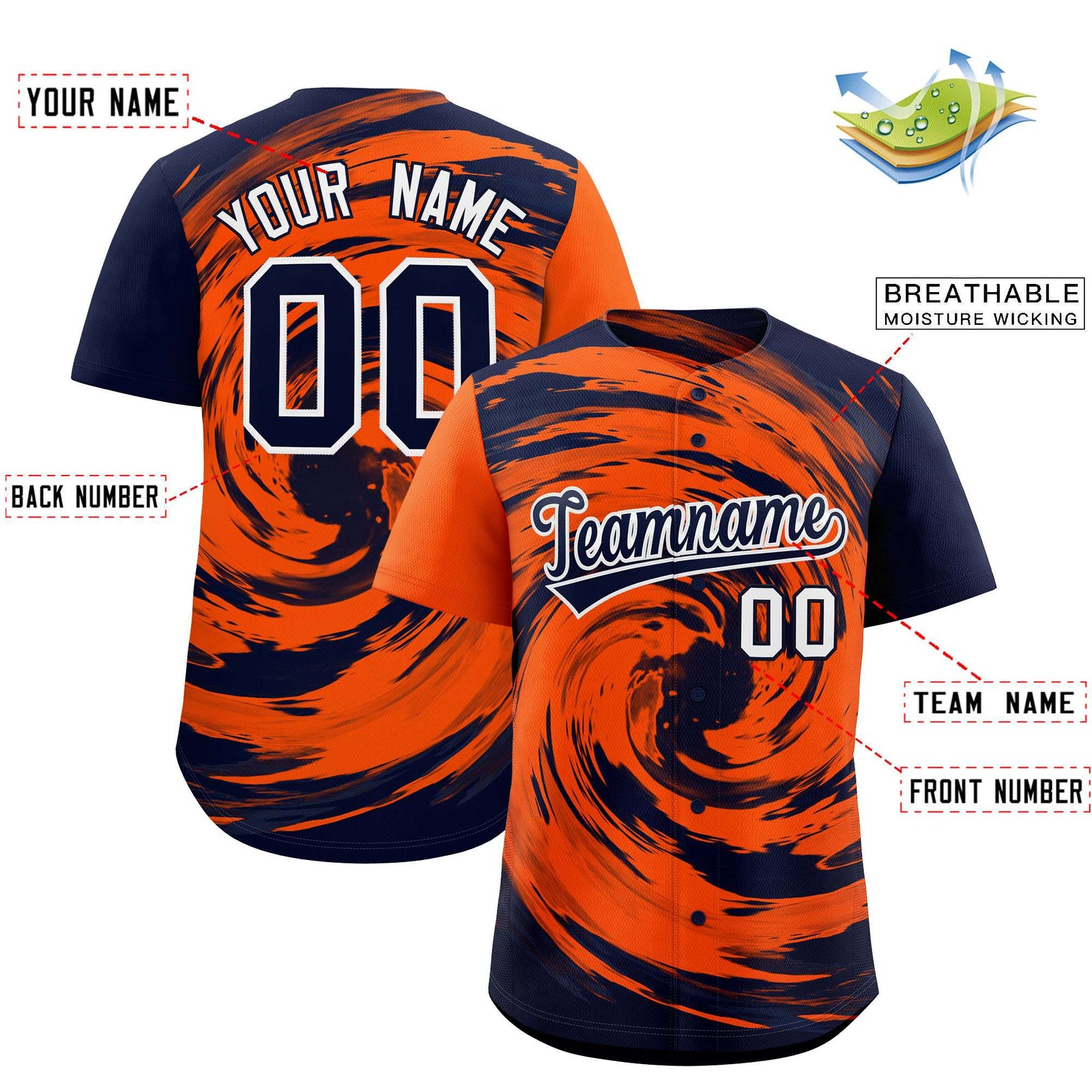 Custom Orange Navy Swirl Graffiti Pattern Authentic Baseball Jersey