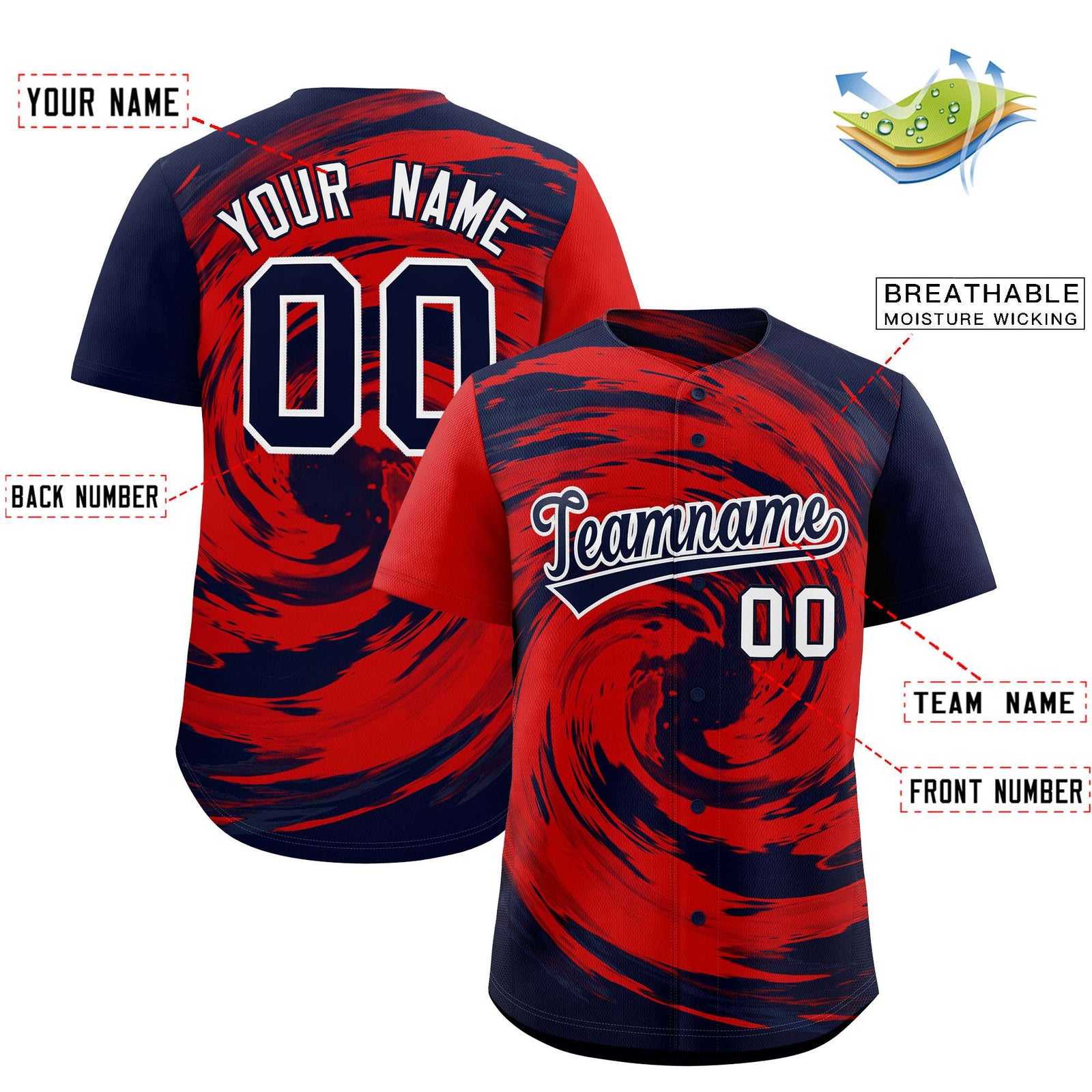 Custom Red Navy Swirl Graffiti Pattern Authentic Baseball Jersey