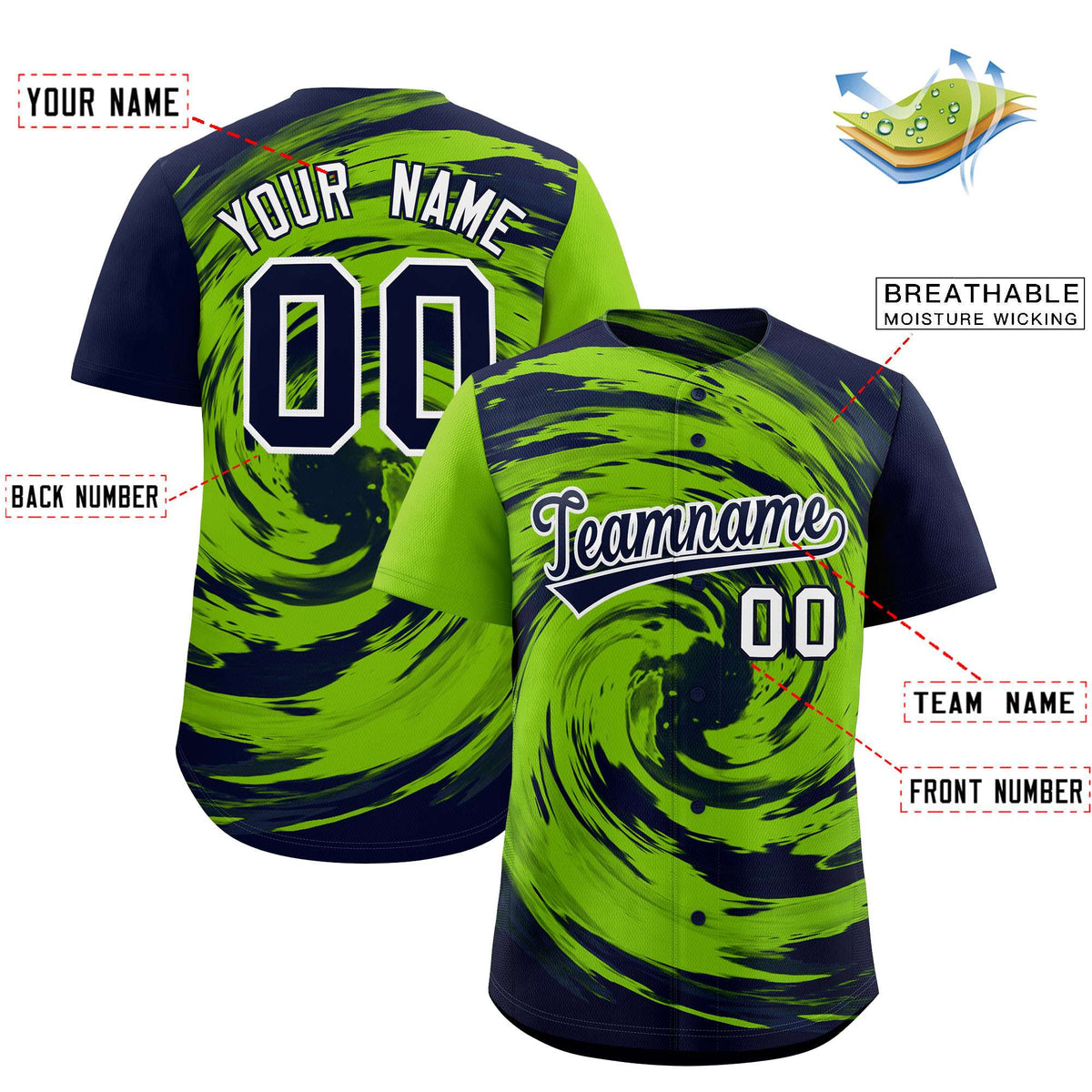 Custom Neon Green Navy Swirl Graffiti Pattern Authentic Baseball Jersey