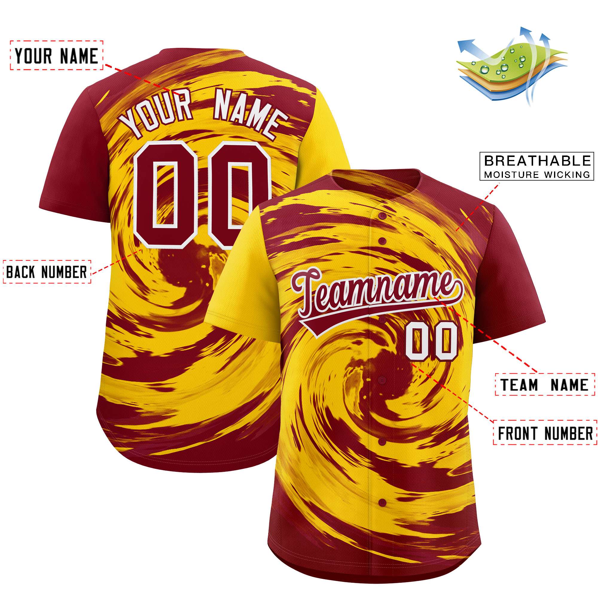Custom Gold Crimson Swirl Graffiti Pattern Authentic Baseball Jersey
