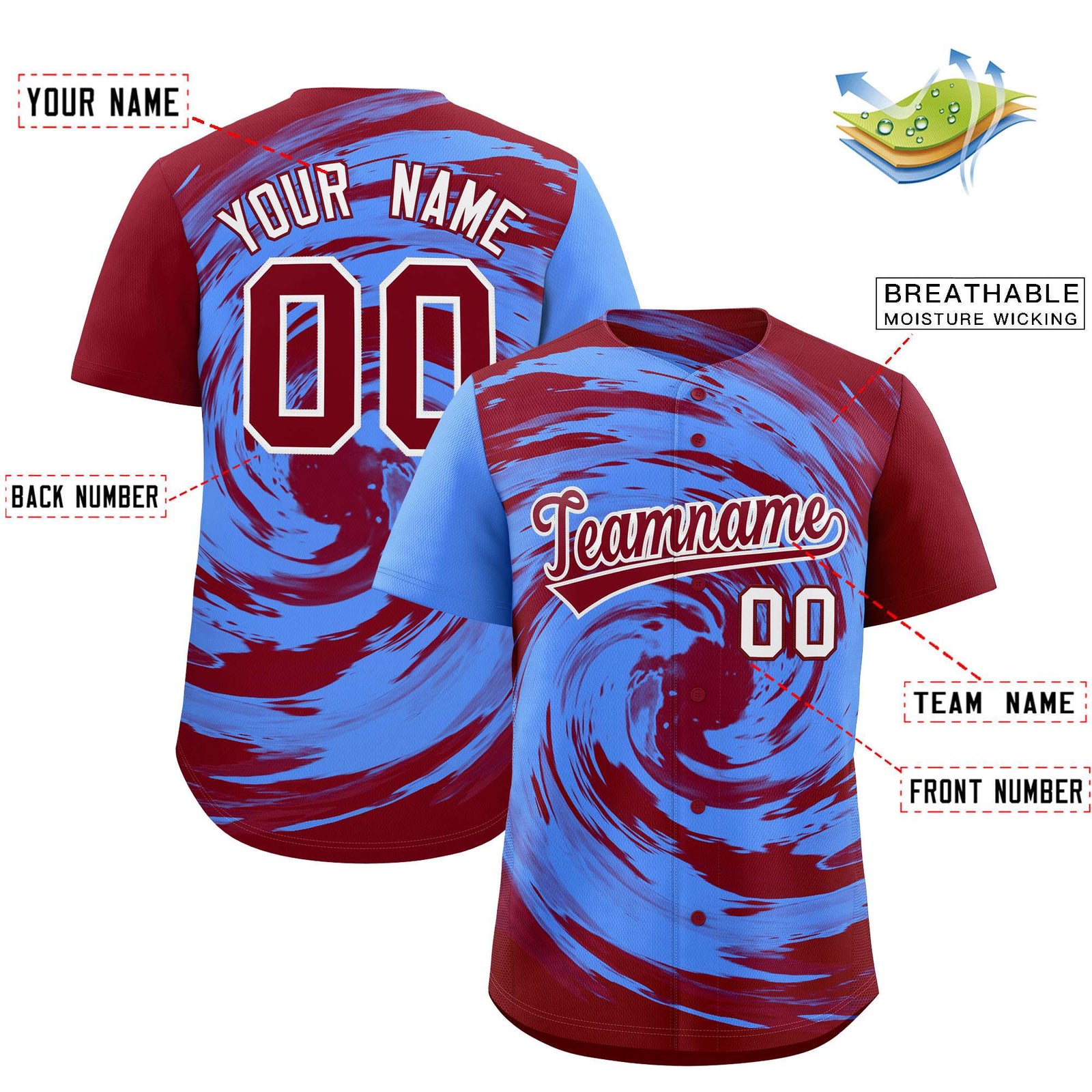 Custom Powder Blue Crimson Swirl Graffiti Pattern Authentic Baseball Jersey