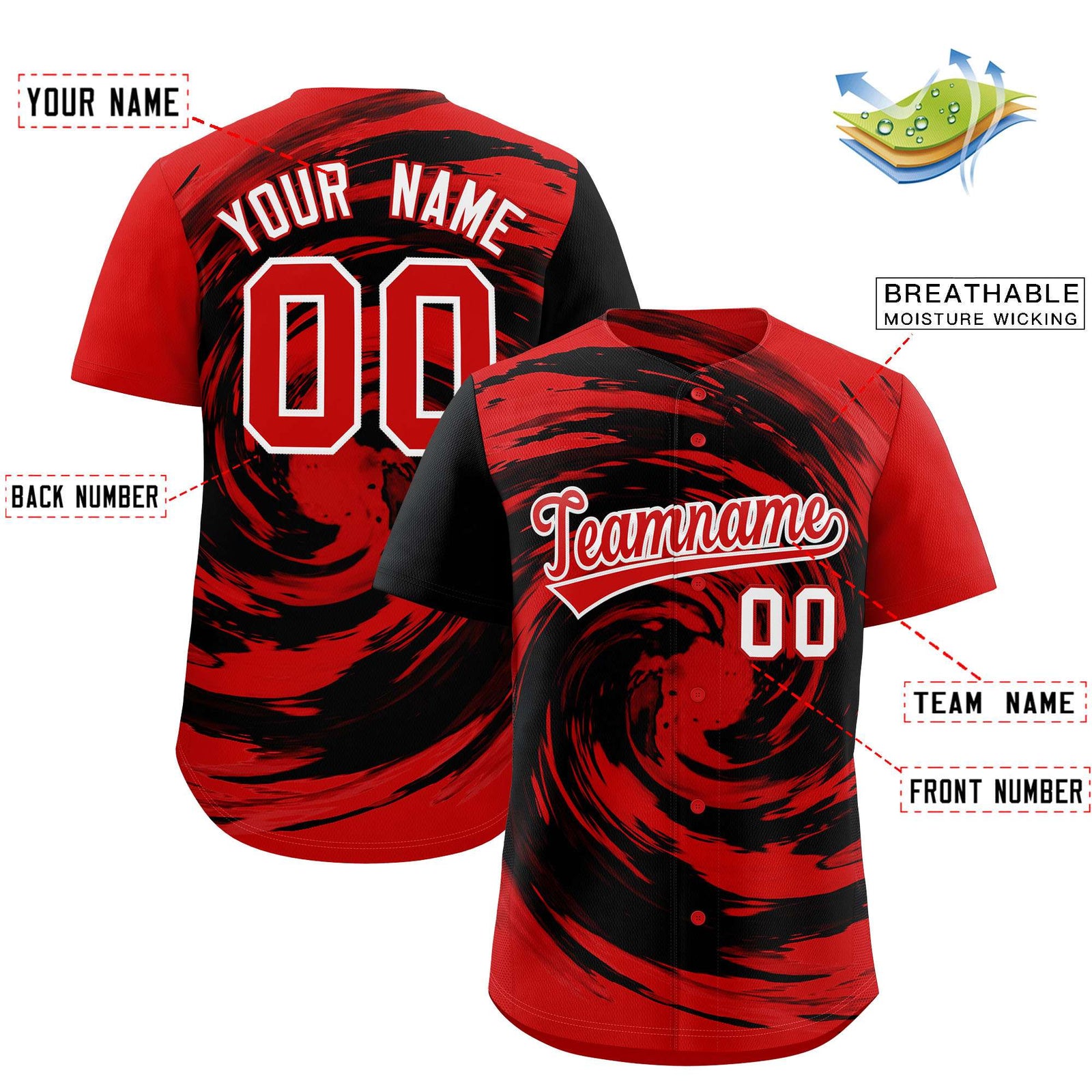 Custom Black Red Swirl Graffiti Pattern Authentic Baseball Jersey