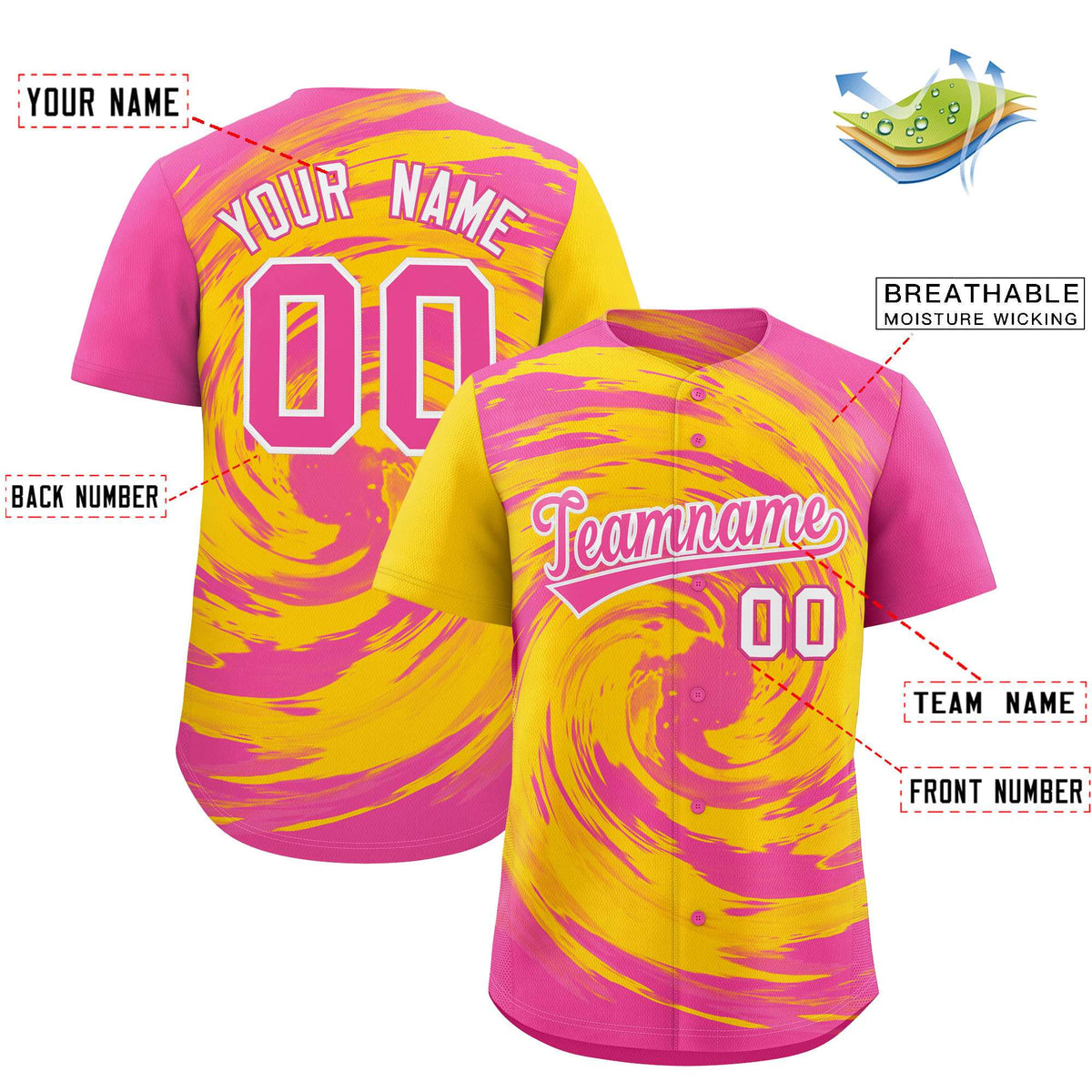 Custom Gold Pink Swirl Graffiti Pattern Authentic Baseball Jersey