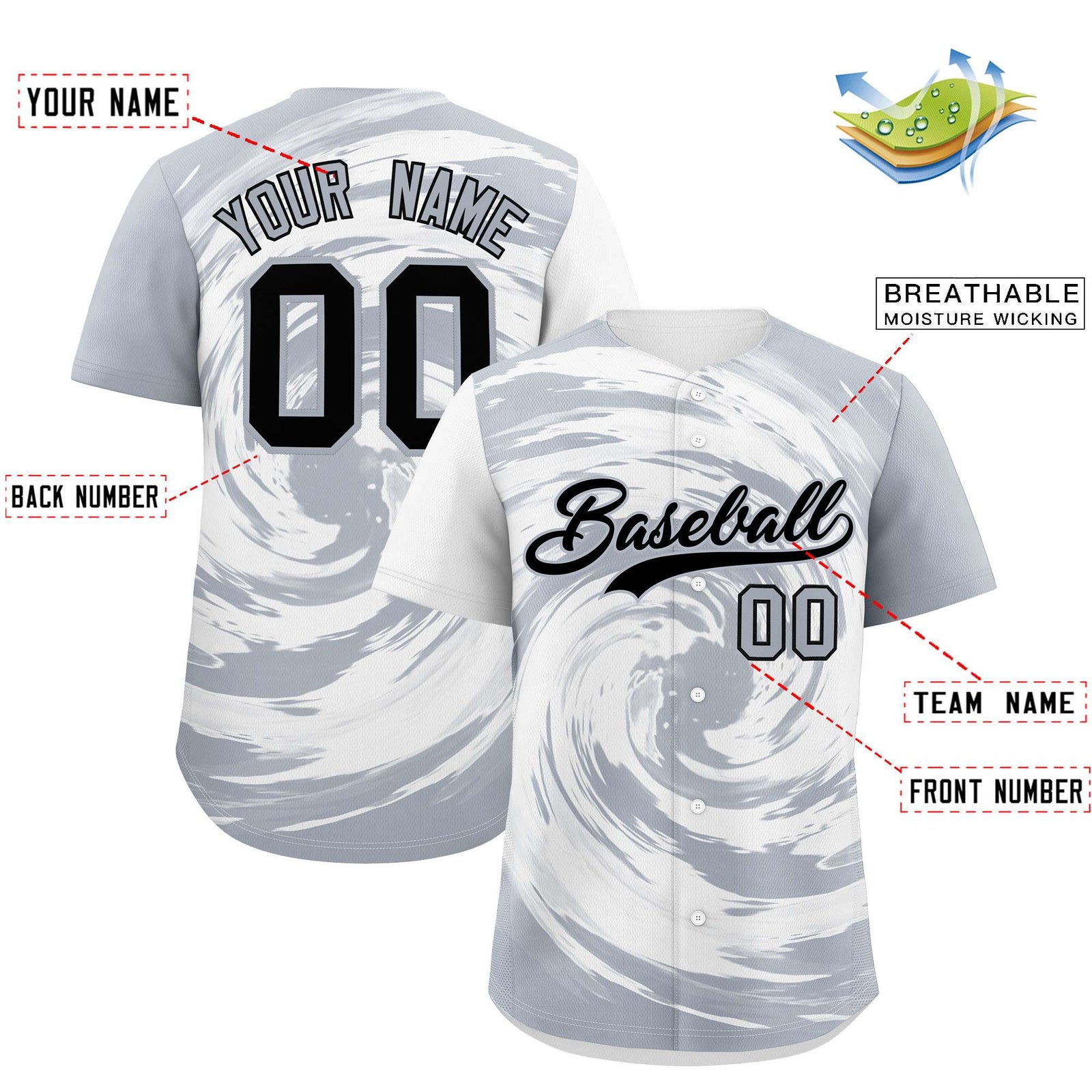 Custom White Silver Swirl Graffiti Pattern Authentic Baseball Jersey