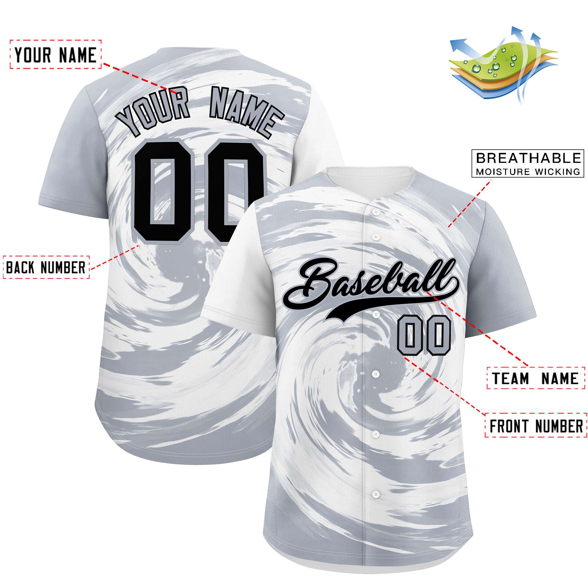 Custom White Silver Swirl Graffiti Pattern Authentic Baseball Jersey