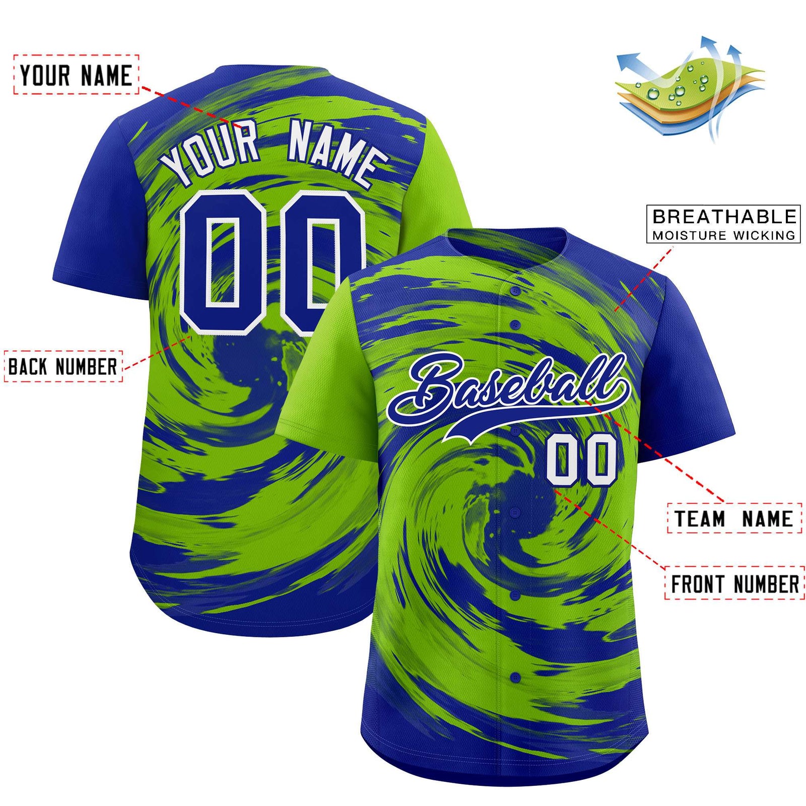 Custom Neon Green Royal Swirl Graffiti Pattern Authentic Baseball Jersey