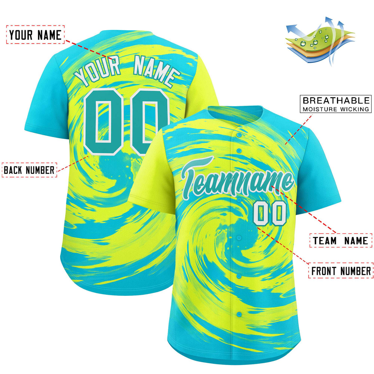 Custom Green Sky Blue Swirl Graffiti Pattern Authentic Baseball Jersey