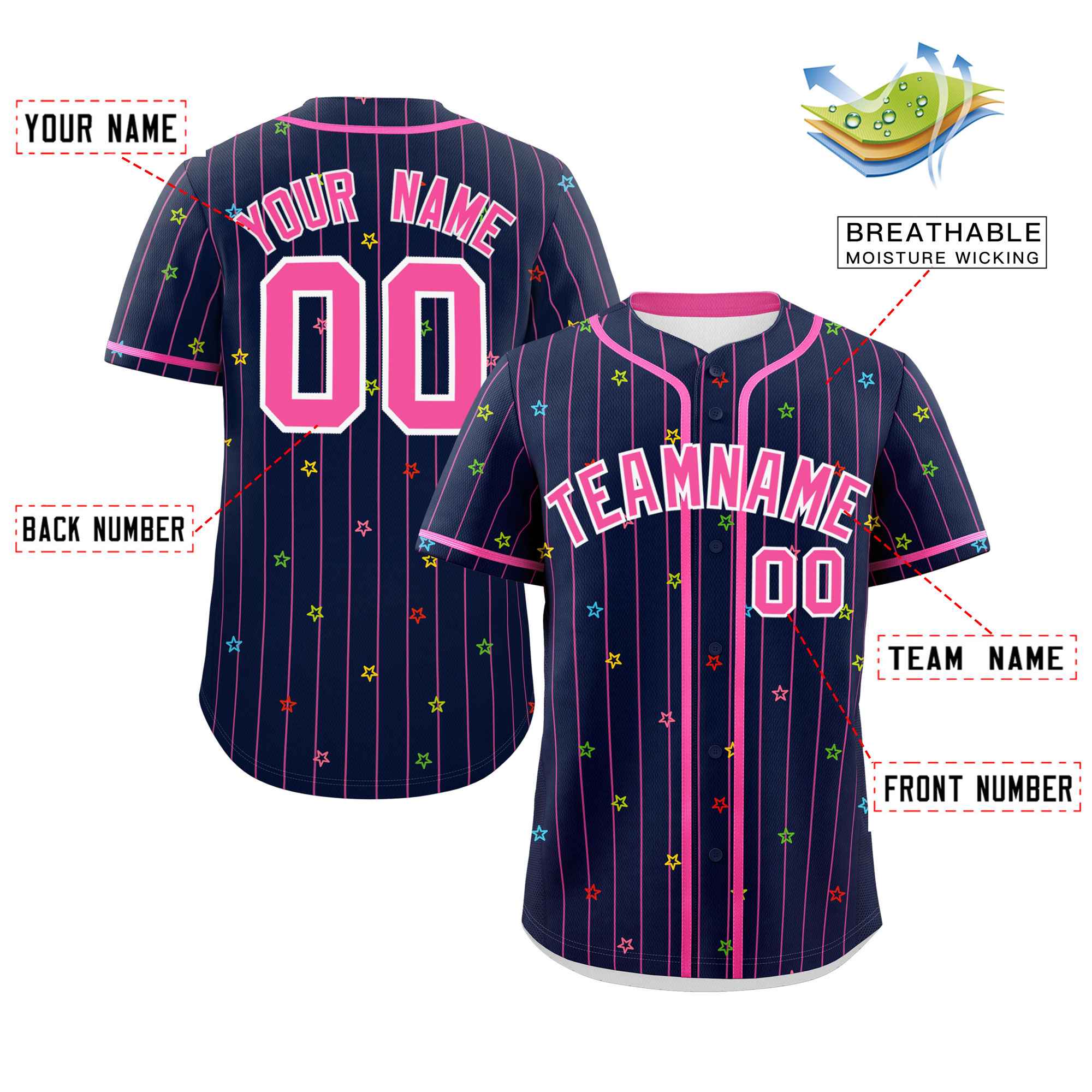 Custom Navy Pink Stripe Fashion Personalized Star Pattern Authentic Baseball Jersey