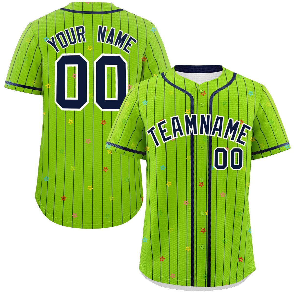 Custom Neon Green Navy Stripe Fashion Personalized Star Pattern Authentic Baseball Jersey
