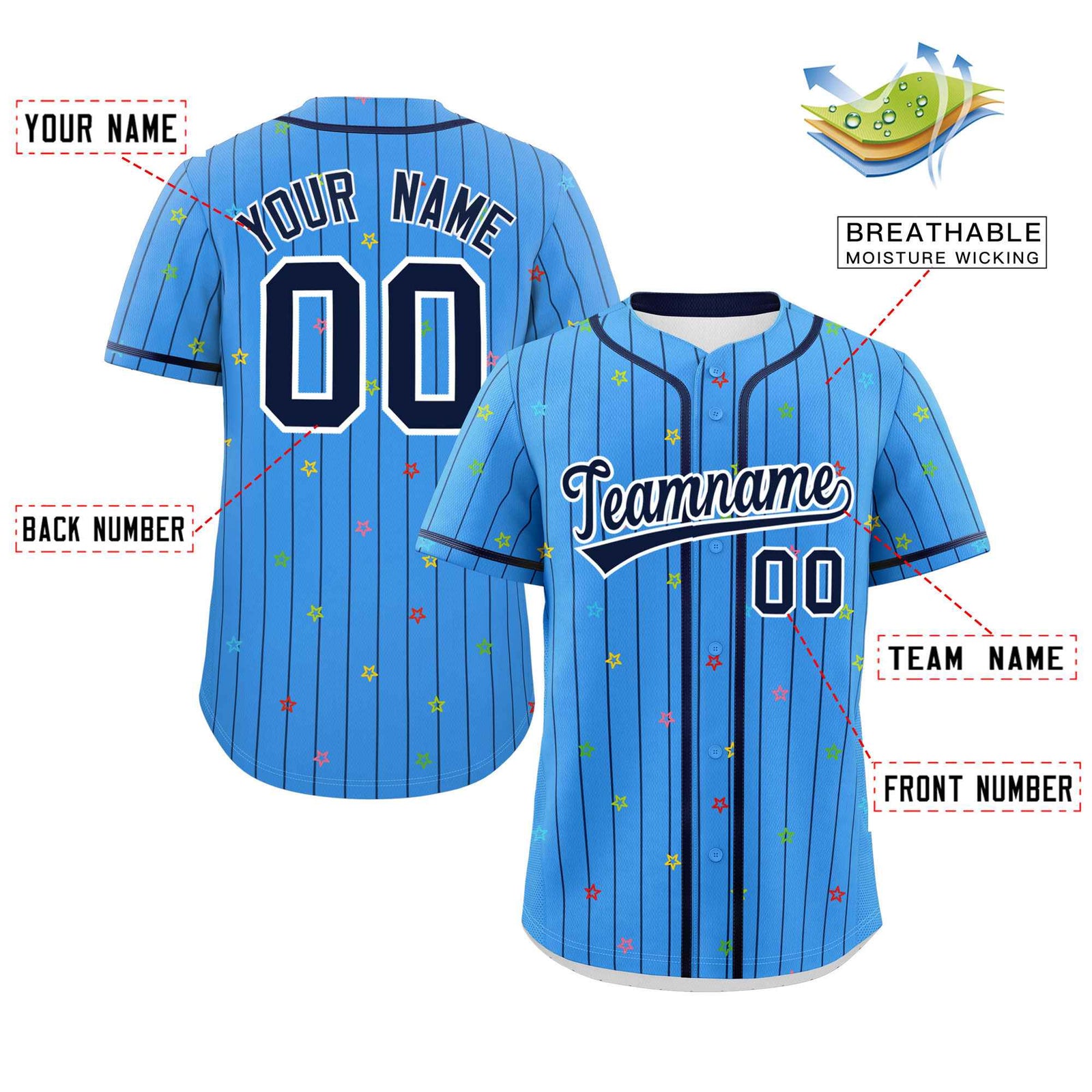 Custom Powder Blue Navy Stripe Fashion Personalized Star Pattern Authentic Baseball Jersey