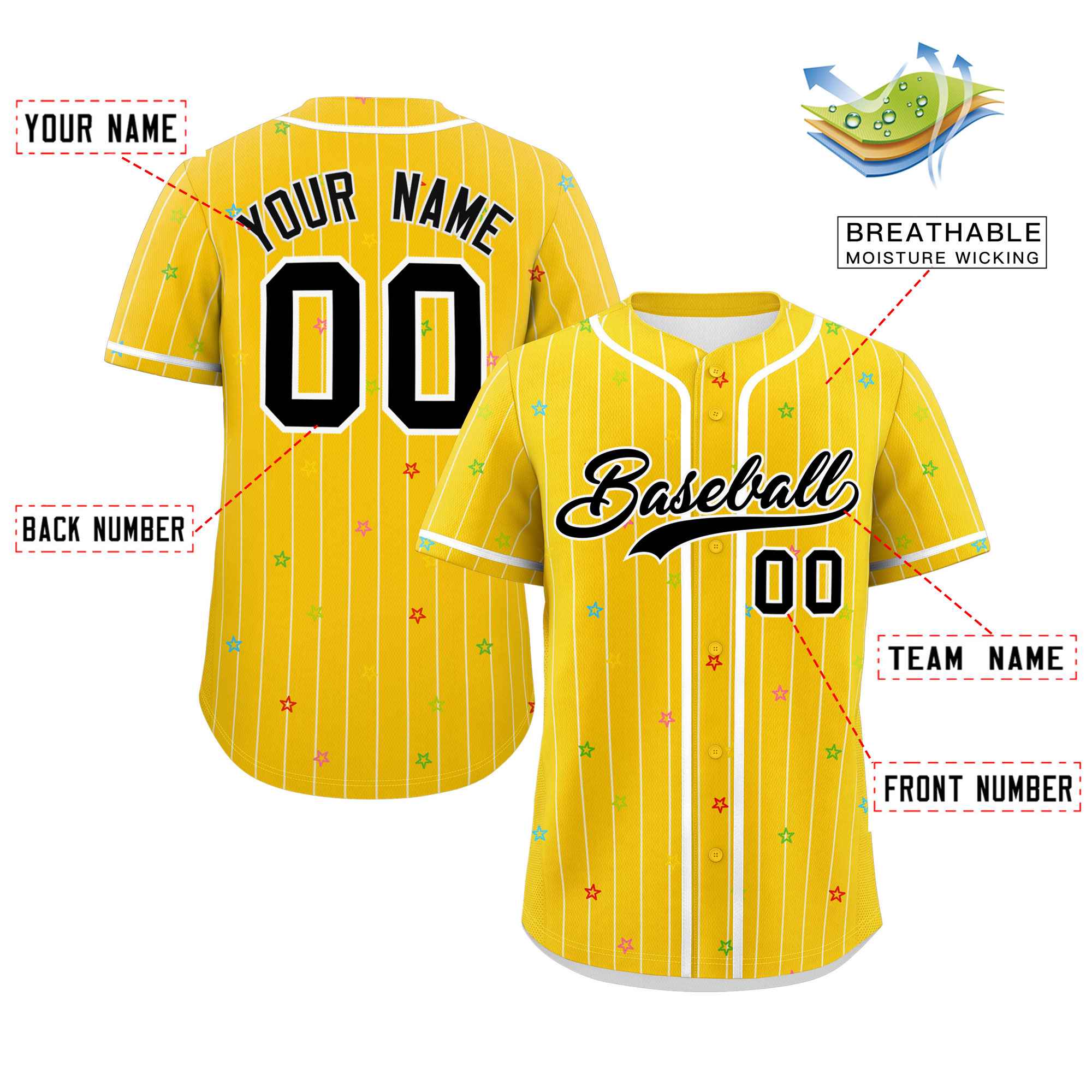 Custom Gold White Stripe Fashion Personalized Star Pattern Authentic Baseball Jersey