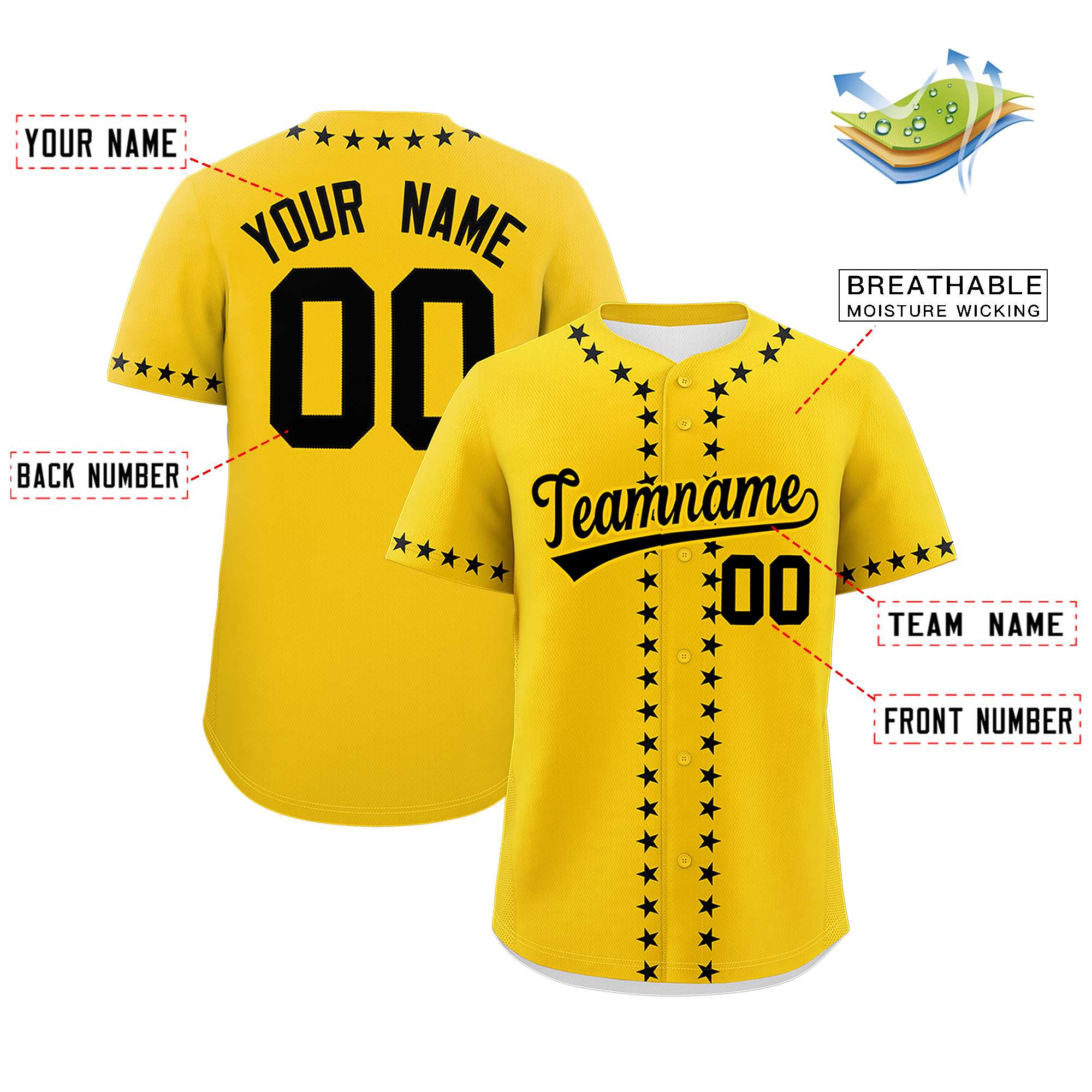 Custom Gold Black Star Ribbing Authentic Baseball Jersey
