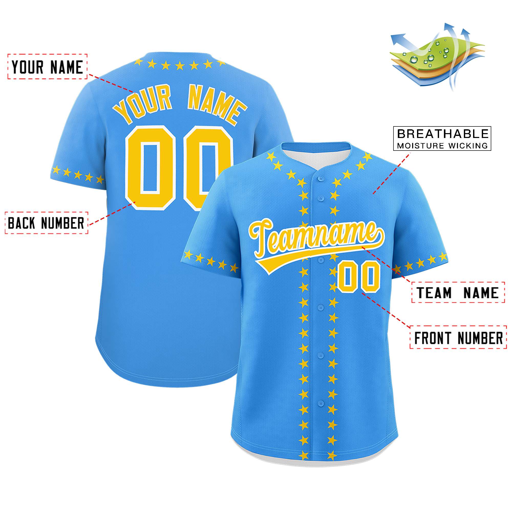 Custom Powder Blue Gold Star Ribbing Authentic Baseball Jersey