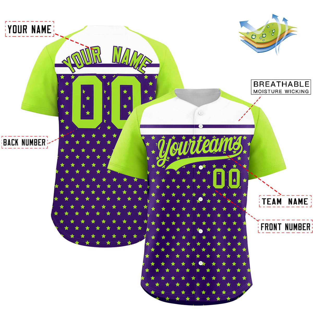 Custom Purple Neon Green-White Raglan Sleeve Personalized Star Print Authentic Baseball Jersey