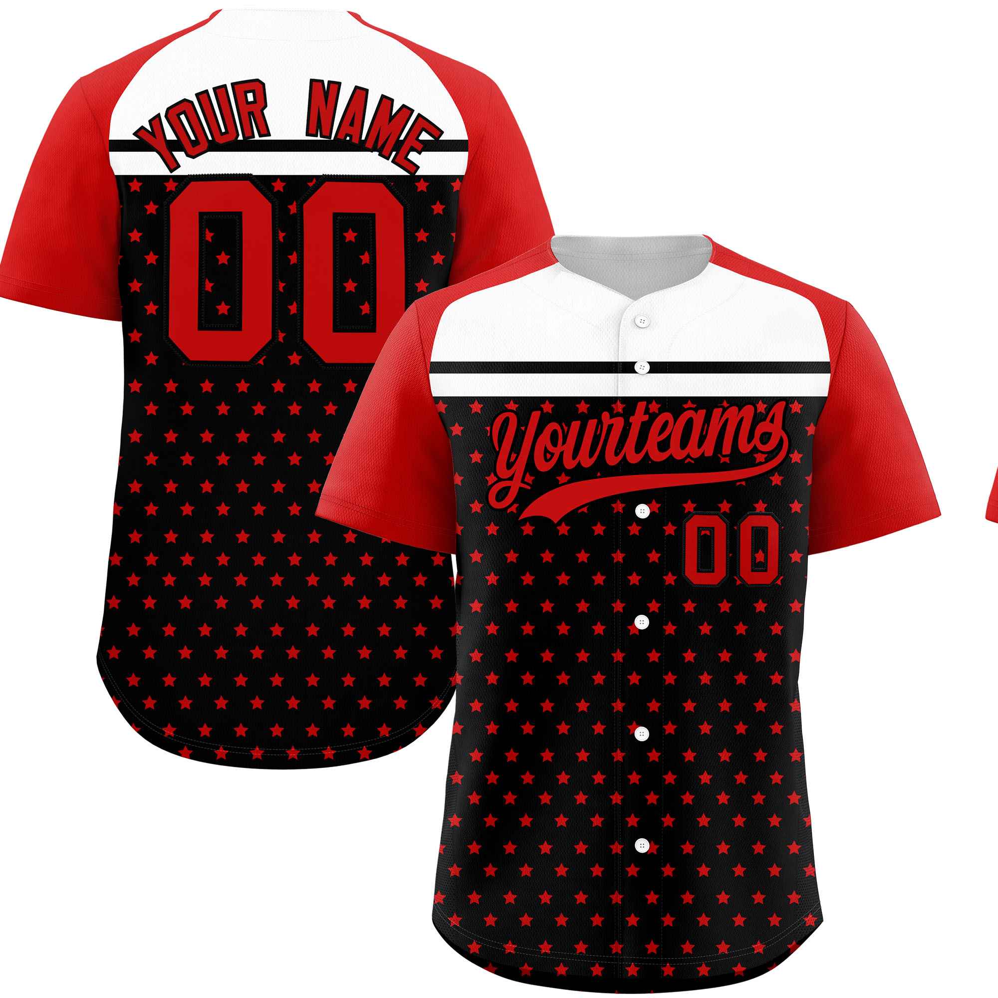 Custom Black Red-White Raglan Sleeve Personalized Star Print Authentic Baseball Jersey