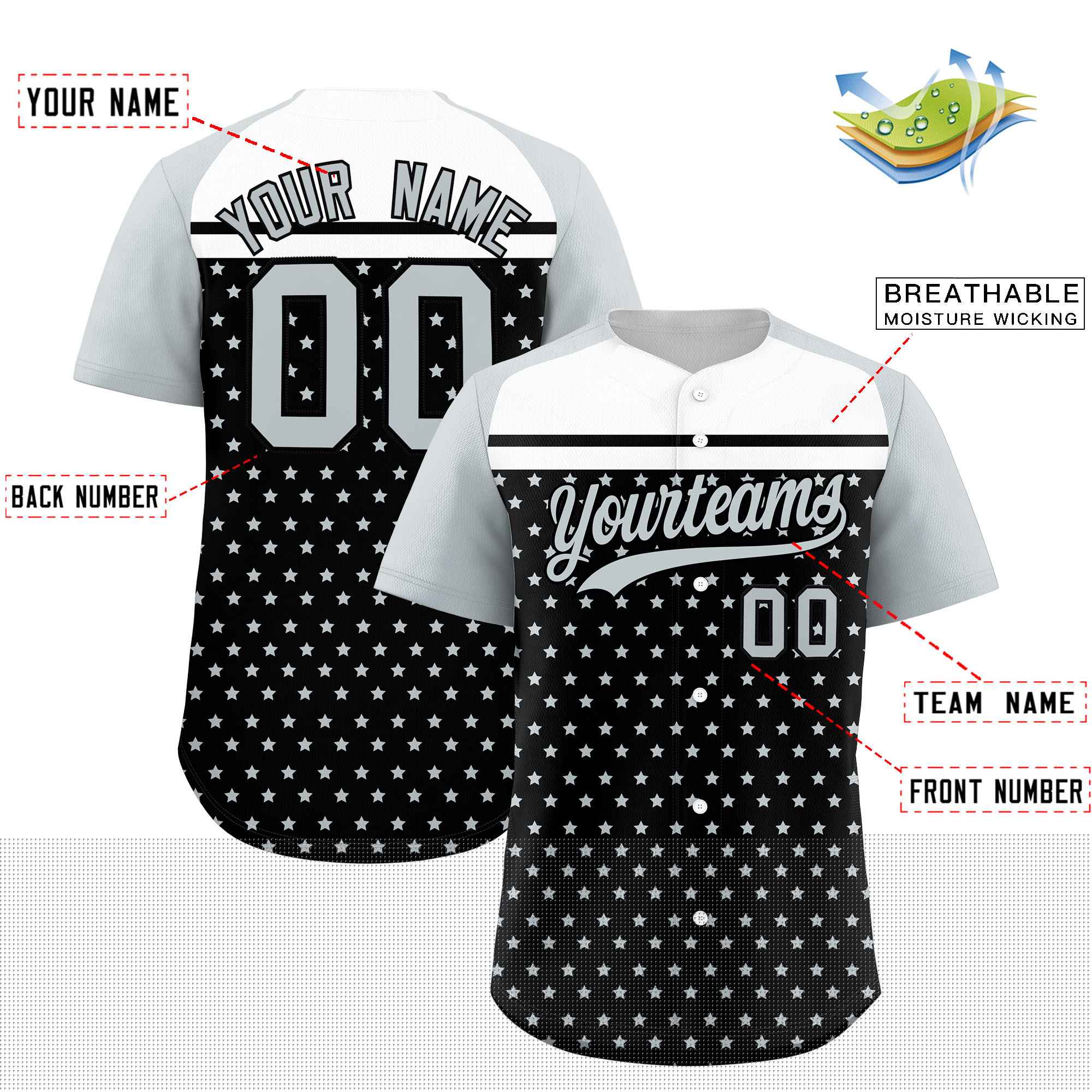 Custom Black Silver-White Raglan Sleeve Personalized Star Print Authentic Baseball Jersey