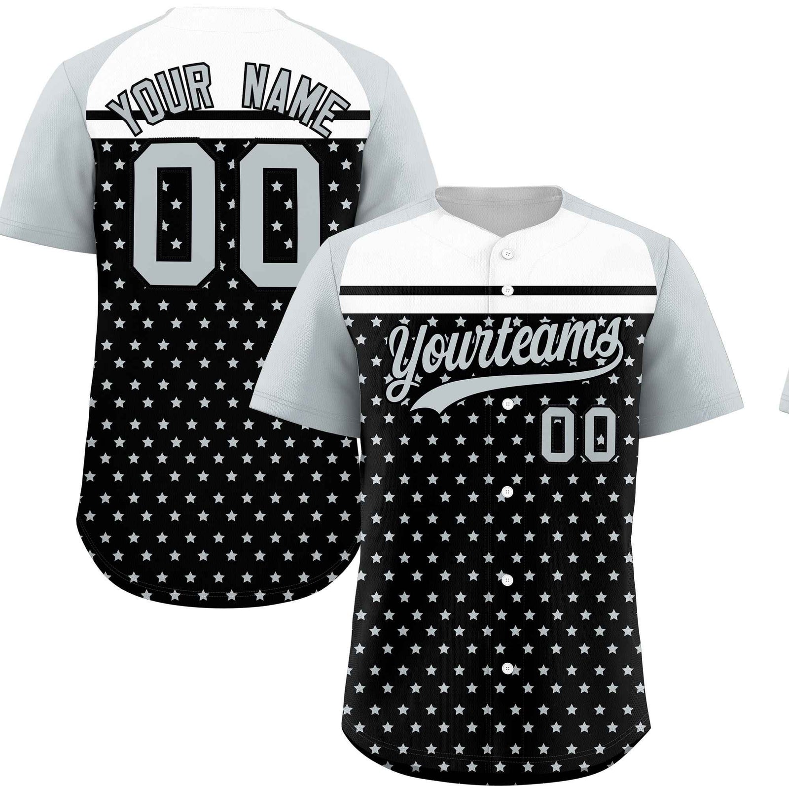 Custom Black Silver-White Raglan Sleeve Personalized Star Print Authentic Baseball Jersey