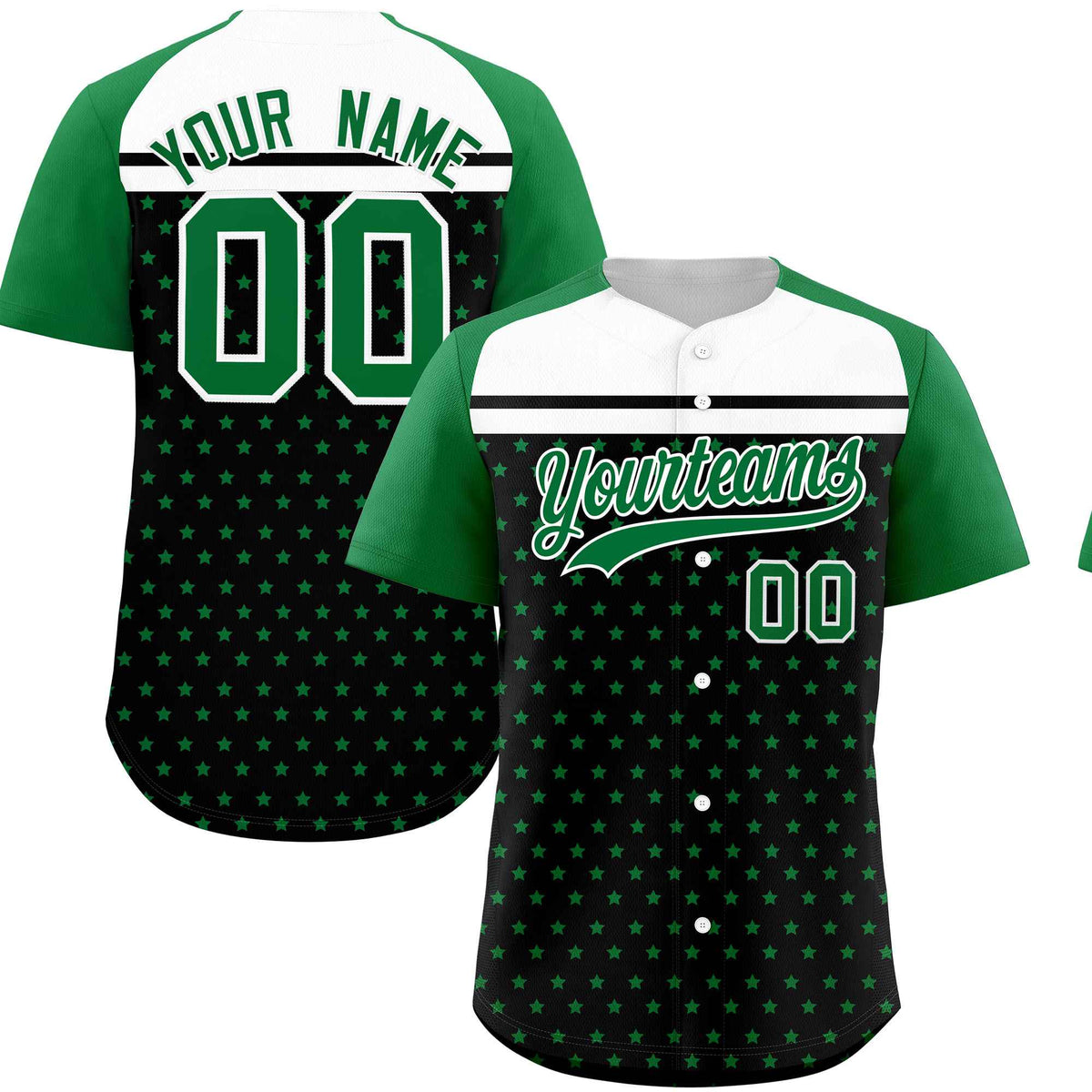 Custom Black Kelly Green-White Raglan Sleeve Personalized Star Print Authentic Baseball Jersey