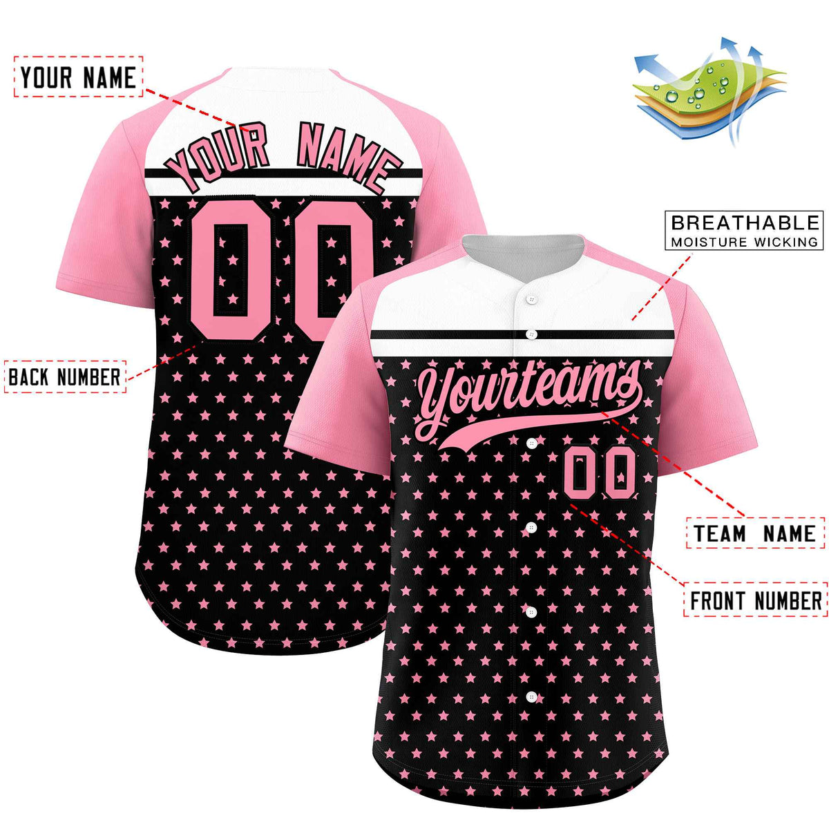 Custom Black Light Pink-White Raglan Sleeve Personalized Star Print Authentic Baseball Jersey