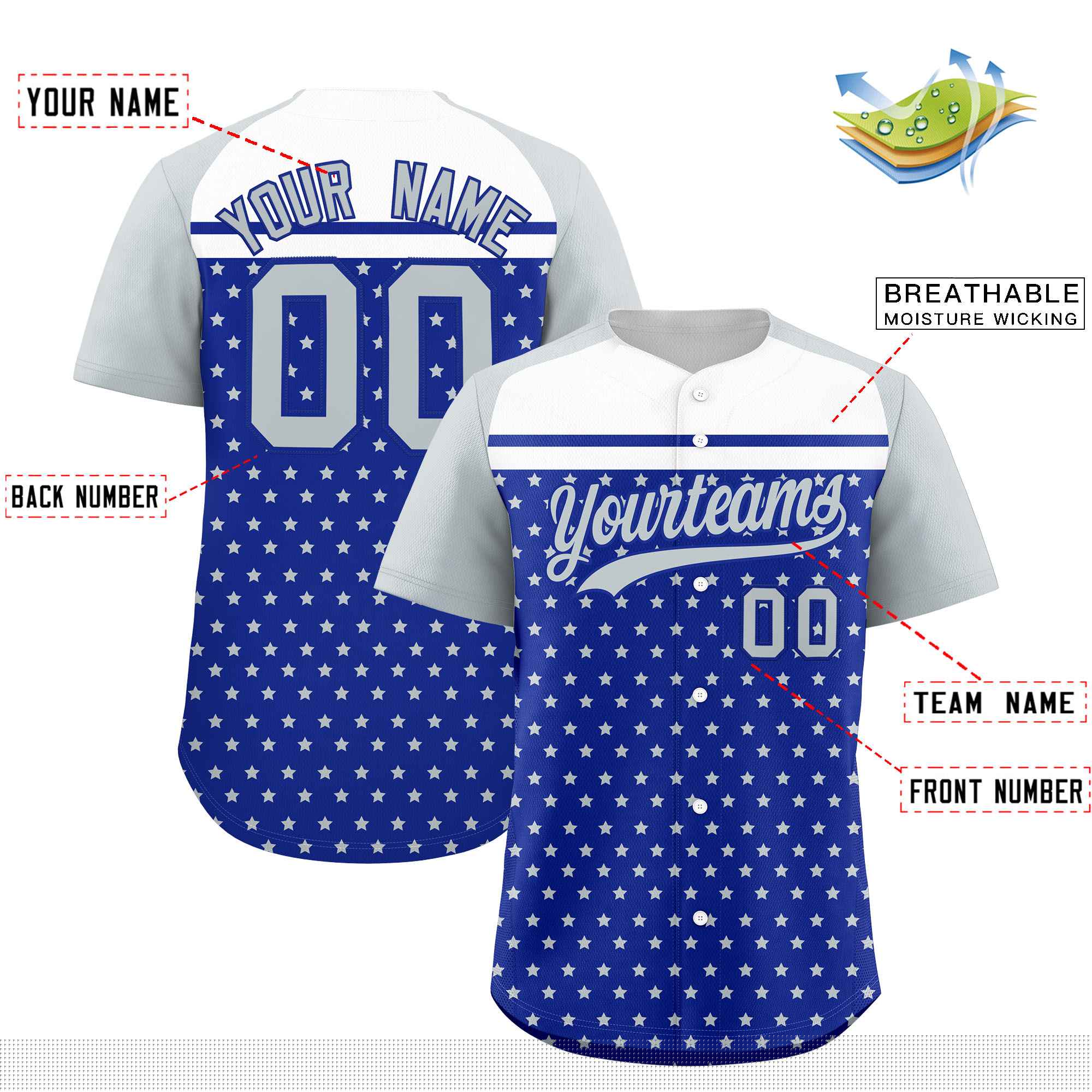 Custom Royal Silver-White Raglan Sleeve Personalized Star Print Authentic Baseball Jersey