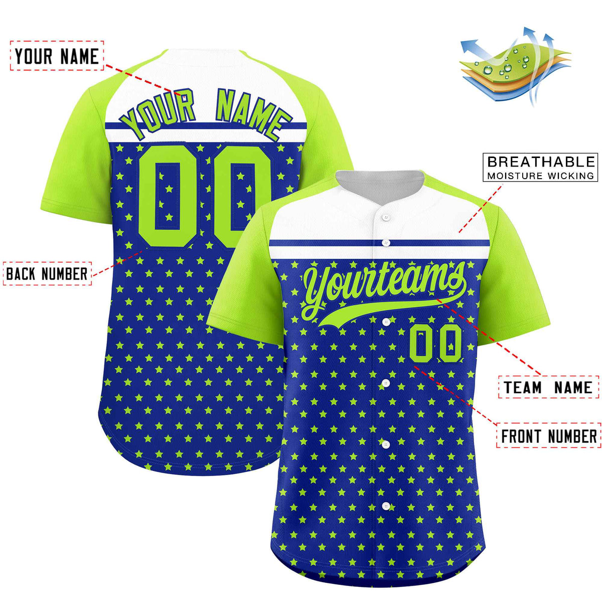 Custom Royal Neon Green-White Raglan Sleeve Personalized Star Print Authentic Baseball Jersey