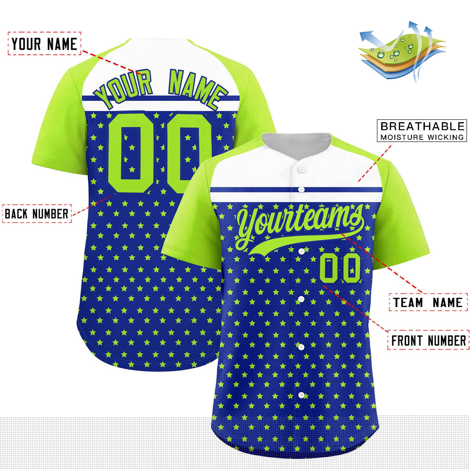 Custom Royal Neon Green-White Raglan Sleeve Personalized Star Print Authentic Baseball Jersey
