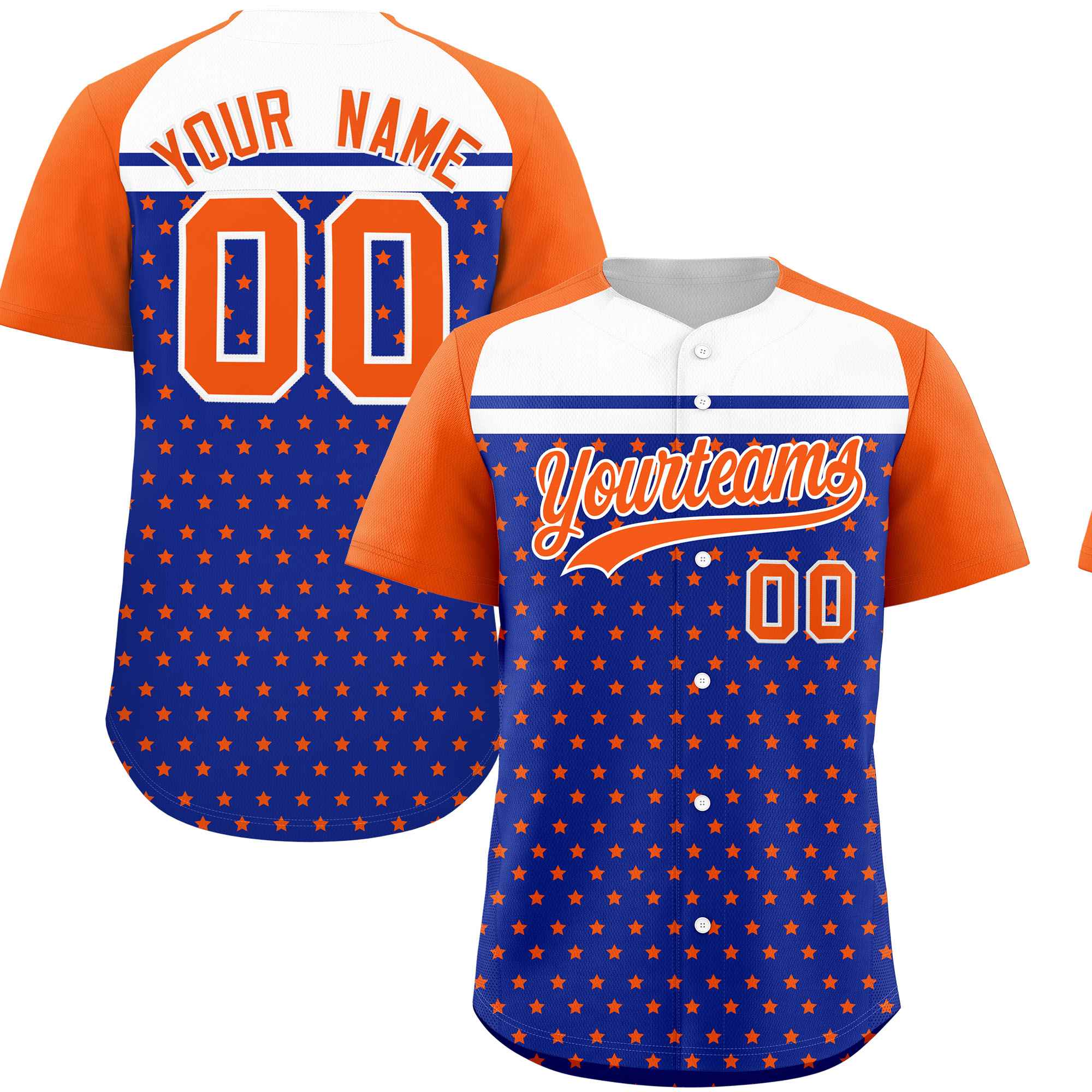 Custom Royal Orange-White Raglan Sleeve Personalized Star Print Authentic Baseball Jersey