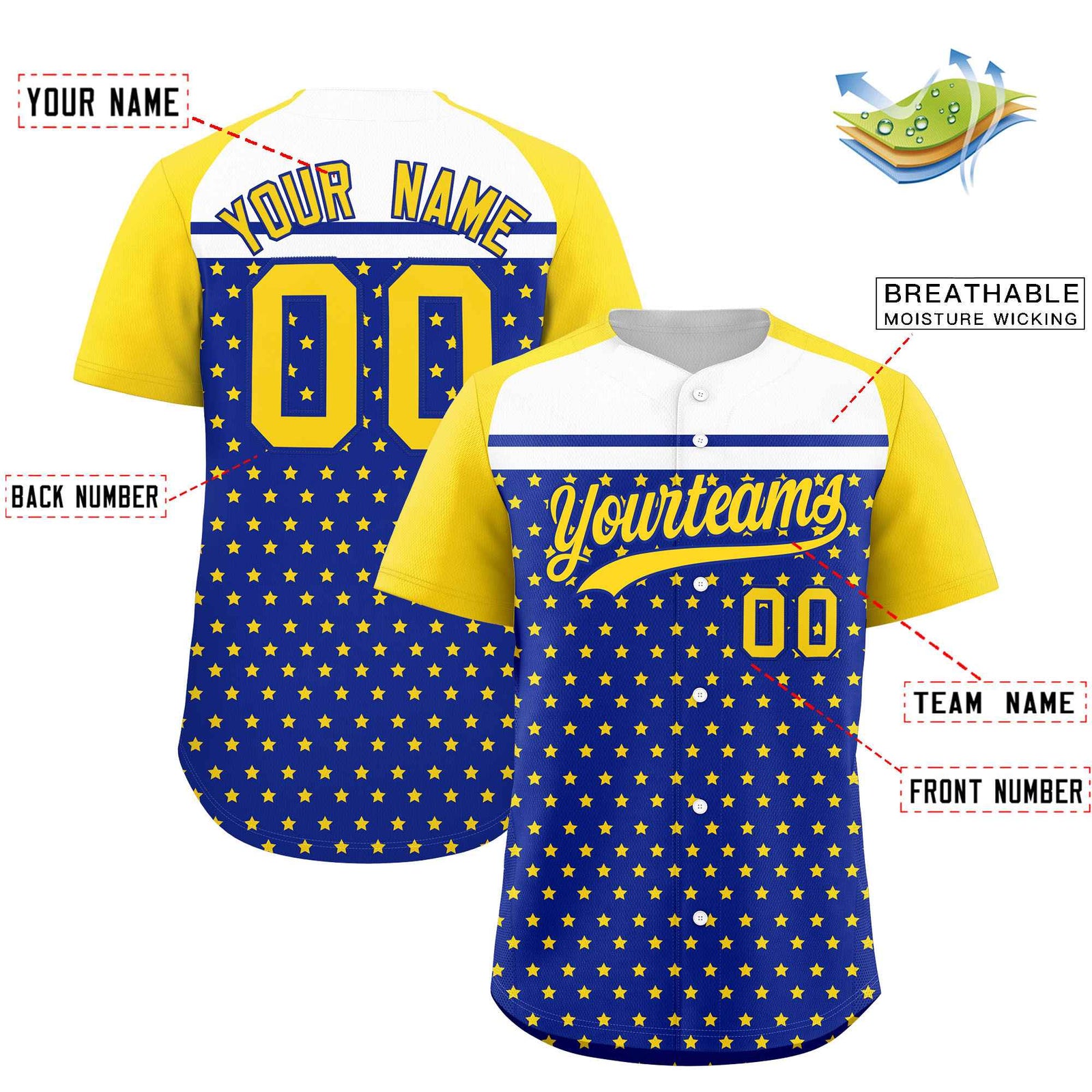 Custom Royal Gold-White Raglan Sleeve Personalized Star Print Authentic Baseball Jersey