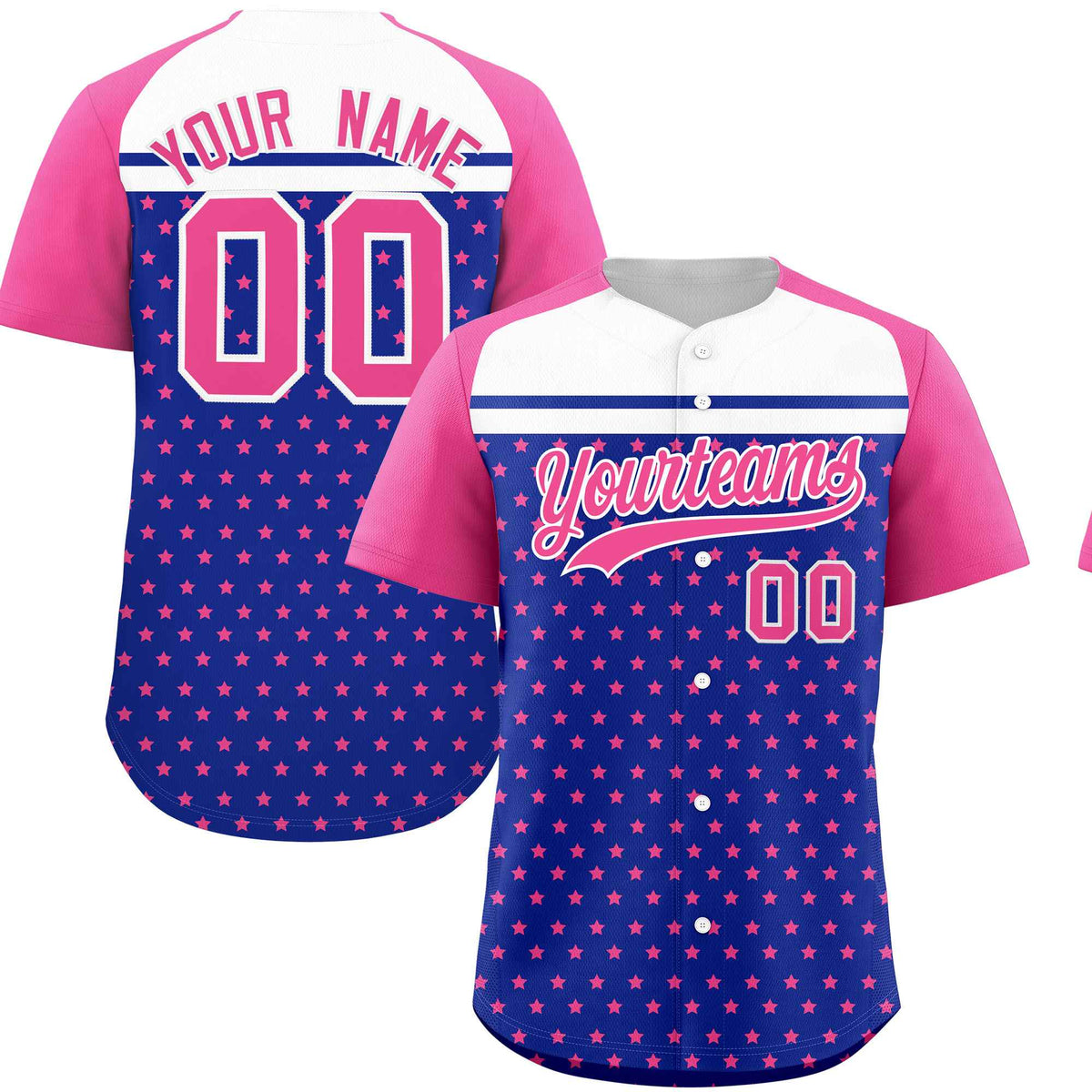 Custom Royal Pink-White Raglan Sleeve Personalized Star Print Authentic Baseball Jersey