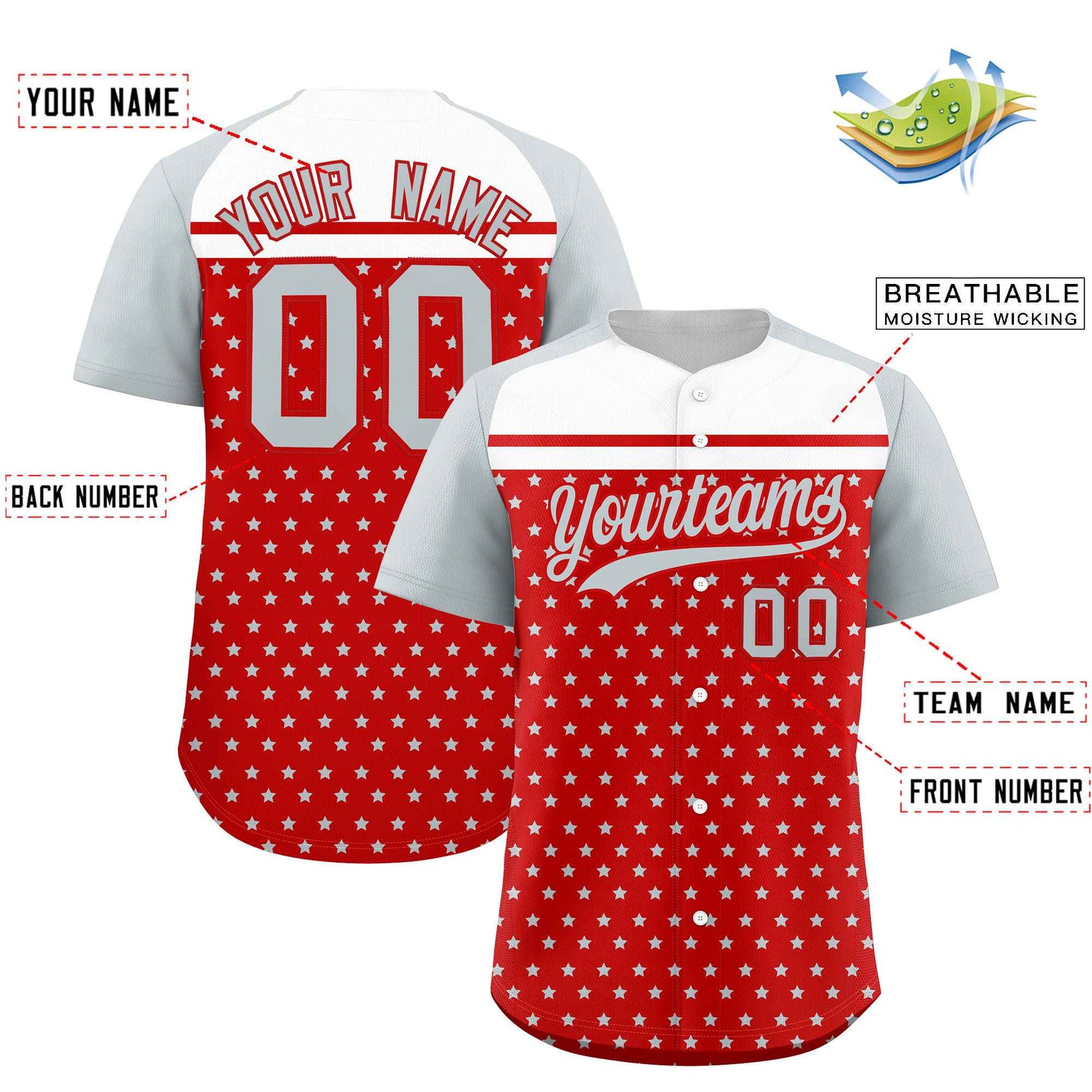 Custom Red Silver-White Raglan Sleeve Personalized Star Print Authentic Baseball Jersey