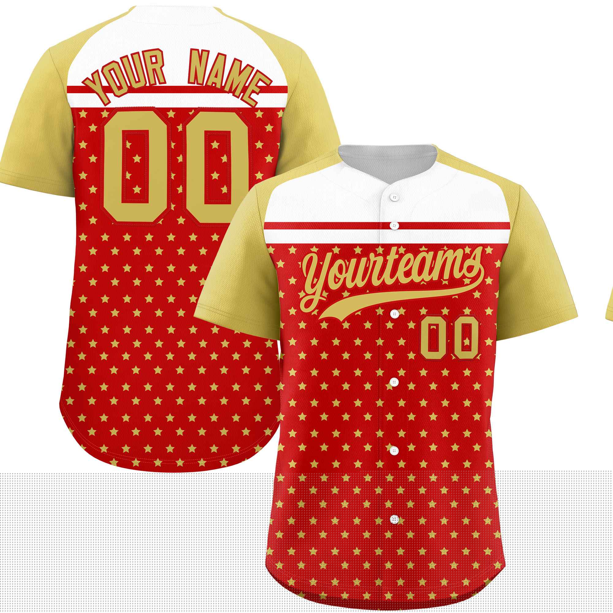 Custom Red Old Gold-White Raglan Sleeve Personalized Star Print Authentic Baseball Jersey