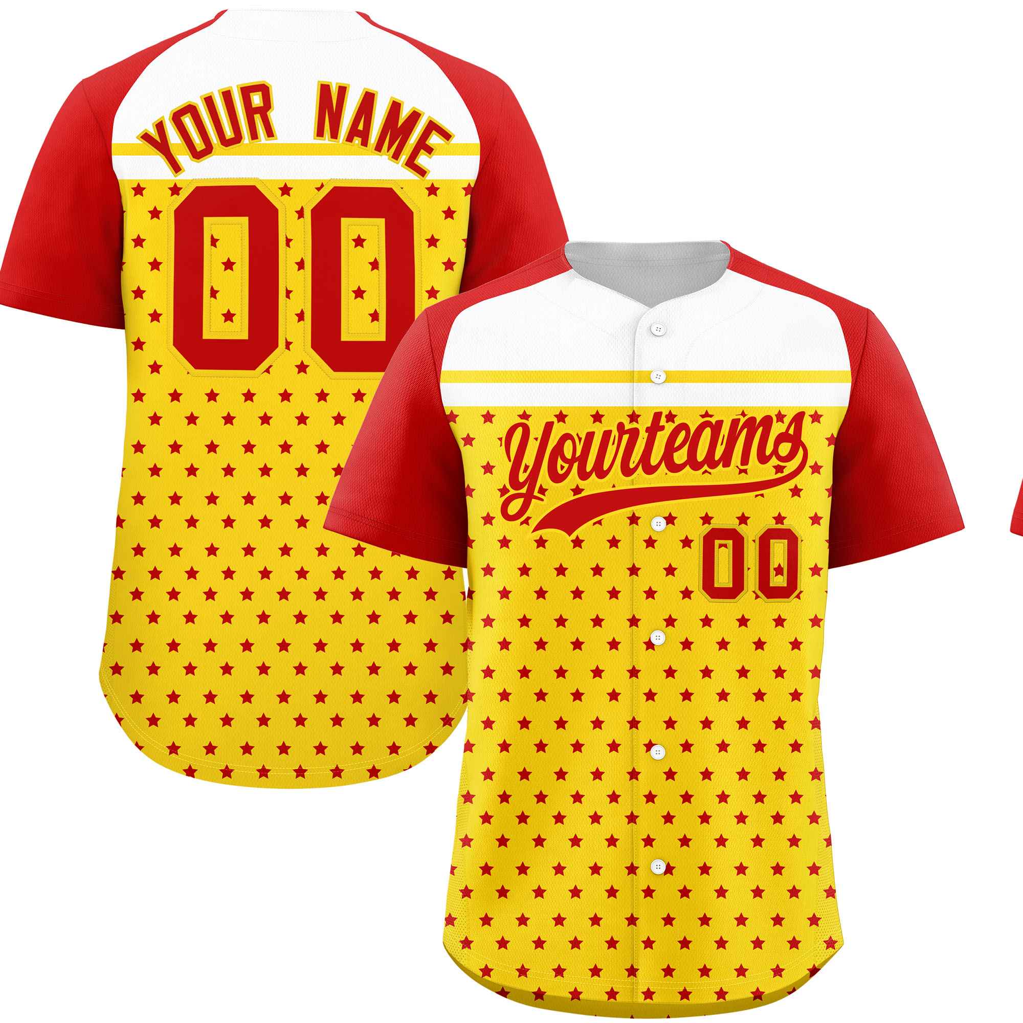 Custom Gold Red-White Raglan Sleeve Personalized Star Print Authentic Baseball Jersey