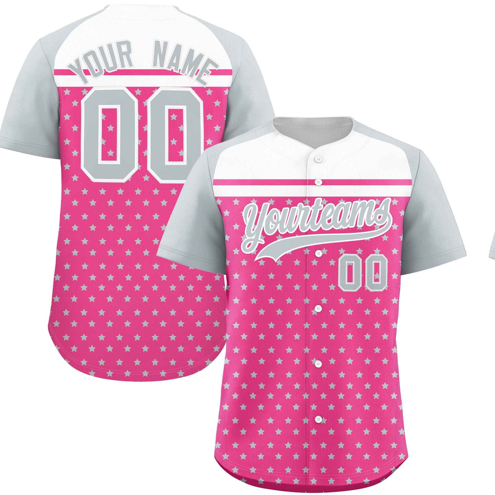 Custom Pink Silver-White Raglan Sleeve Personalized Star Print Authentic Baseball Jersey