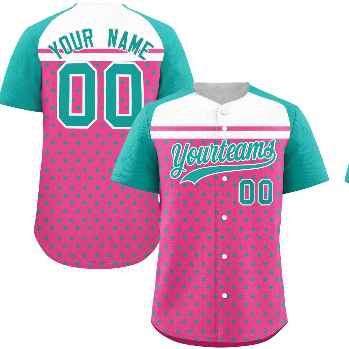 Custom Pink Aqua-White Raglan Sleeve Personalized Star Print Authentic Baseball Jersey