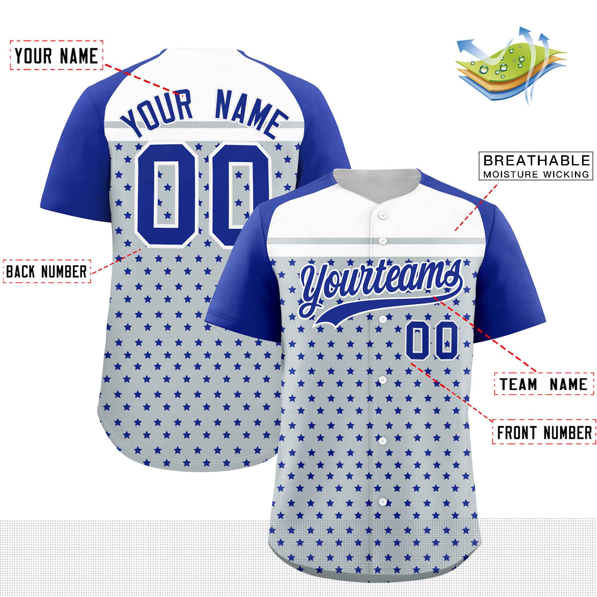 Custom Silver Royal-White Raglan Sleeve Personalized Star Print Authentic Baseball Jersey