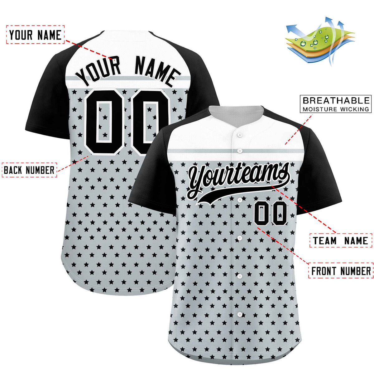 Custom Silver Black-White Raglan Sleeve Personalized Star Print Authentic Baseball Jersey