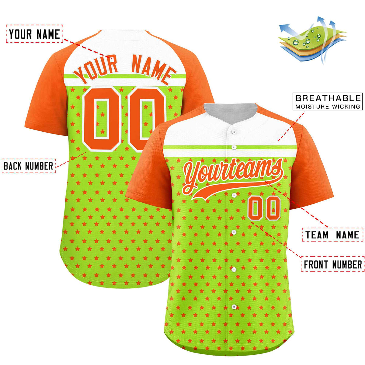 Custom Neon Green Orange-White Raglan Sleeve Personalized Star Print Authentic Baseball Jersey