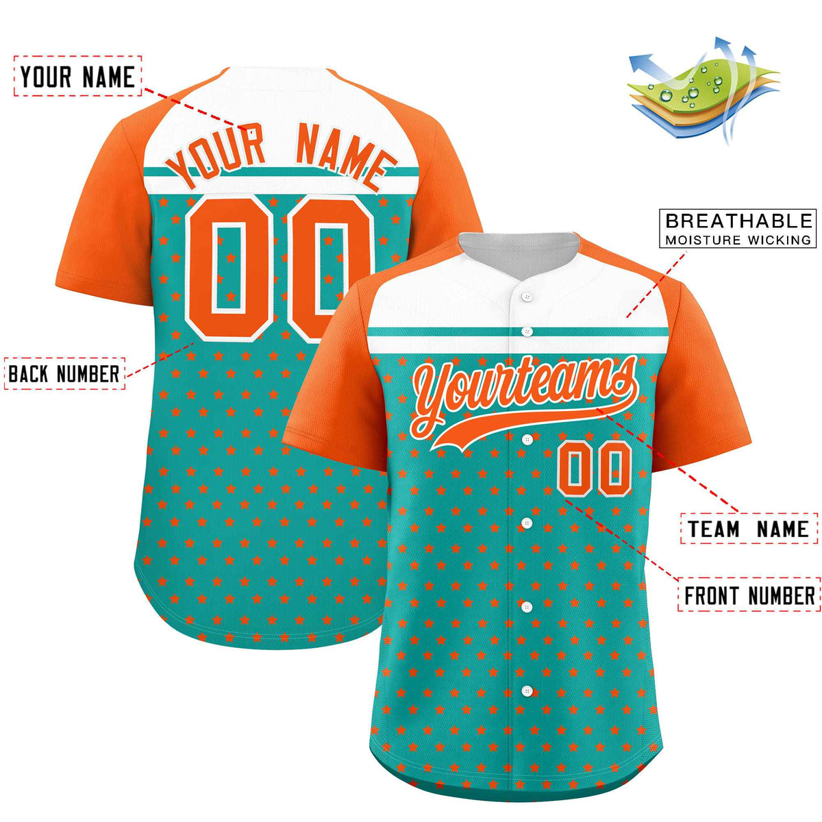Custom Aqua Orange-White Raglan Sleeve Personalized Star Print Authentic Baseball Jersey