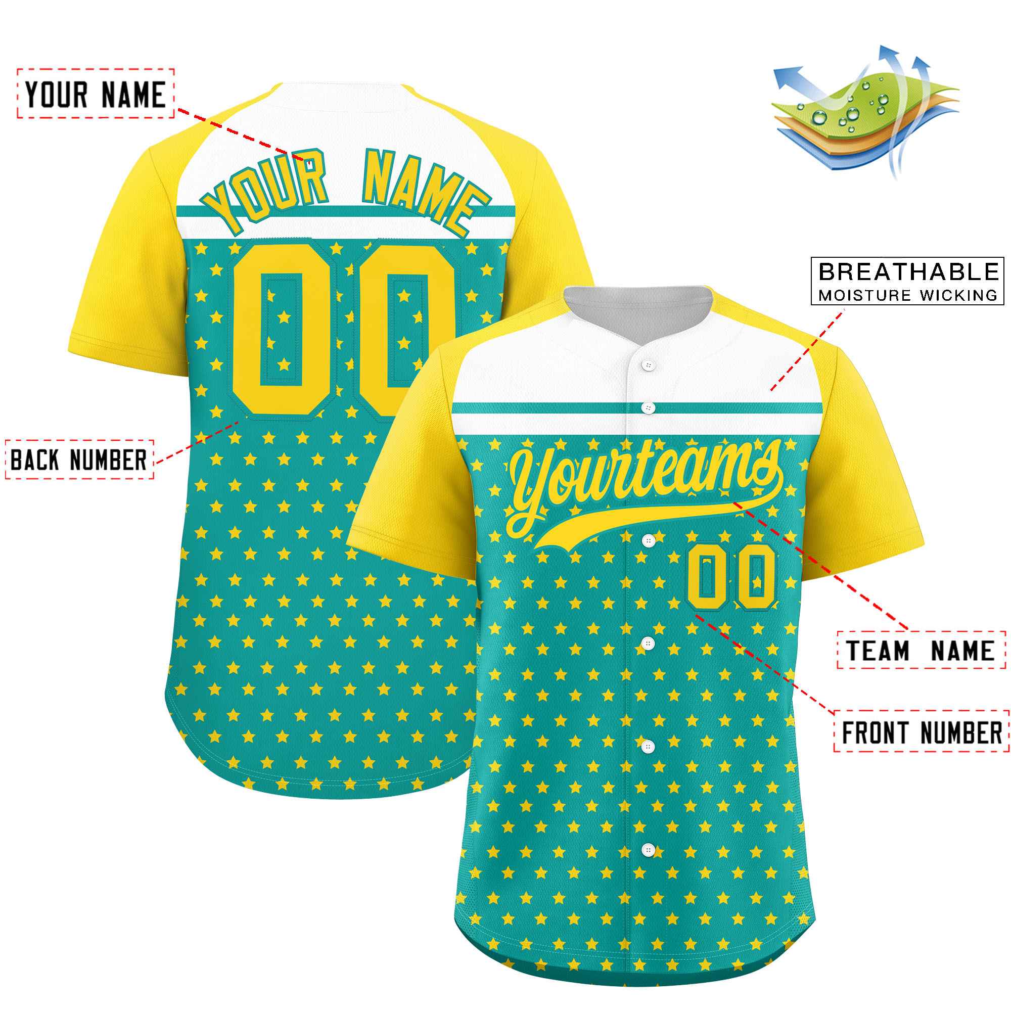 Custom Aqua Gold-White Raglan Sleeve Personalized Star Print Authentic Baseball Jersey