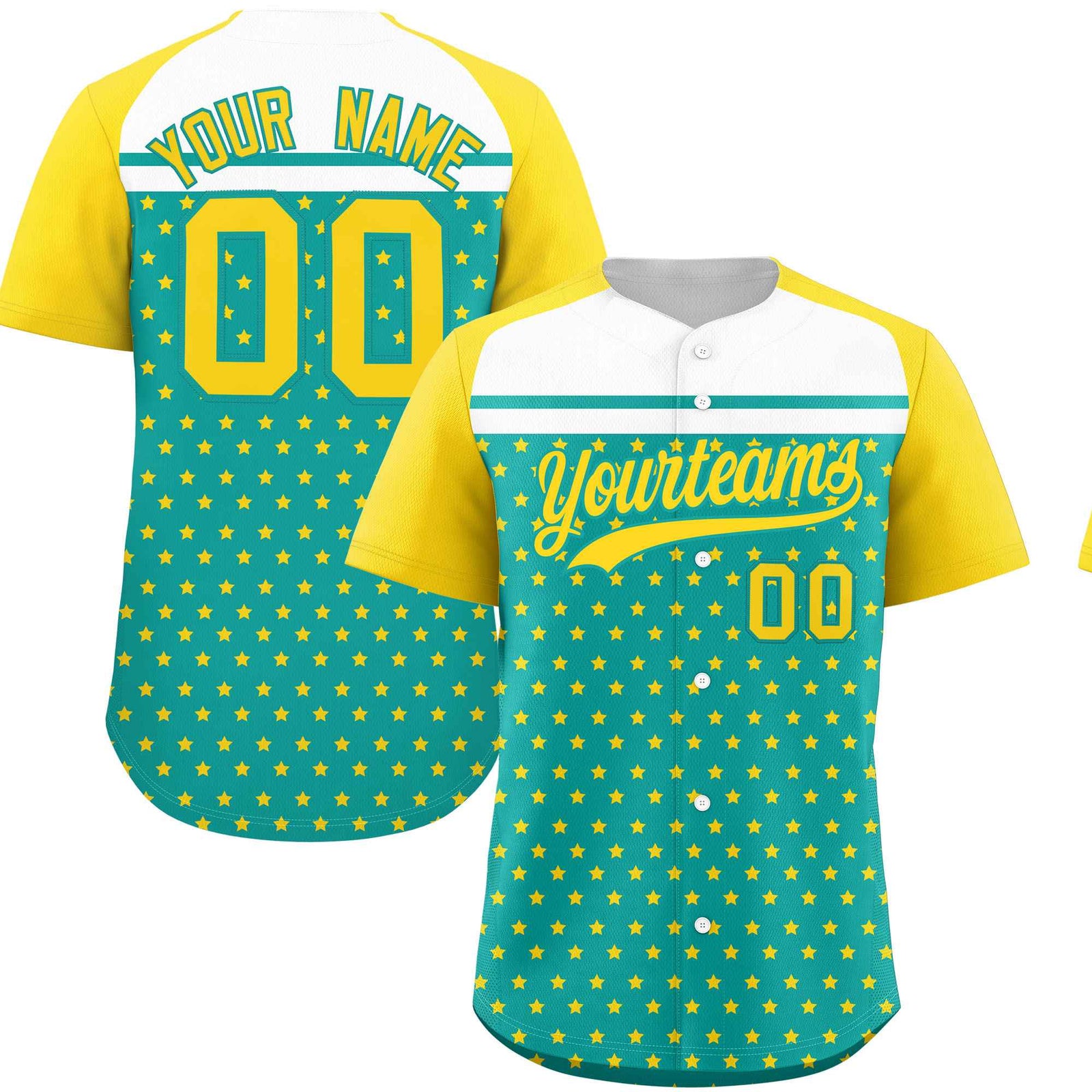 Custom Aqua Gold-White Raglan Sleeve Personalized Star Print Authentic Baseball Jersey
