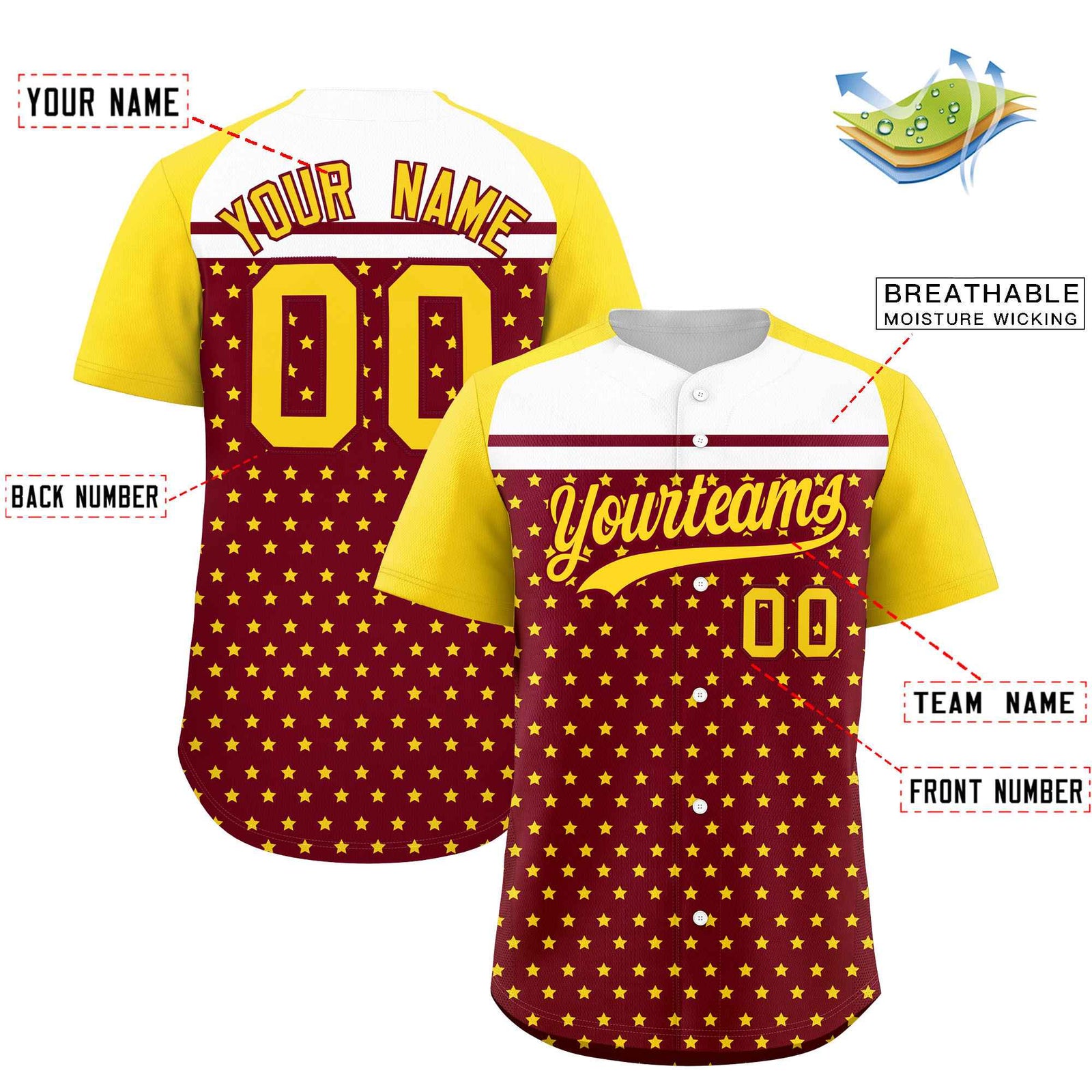 Custom Crimson Gold-White Raglan Sleeve Personalized Star Print Authentic Baseball Jersey