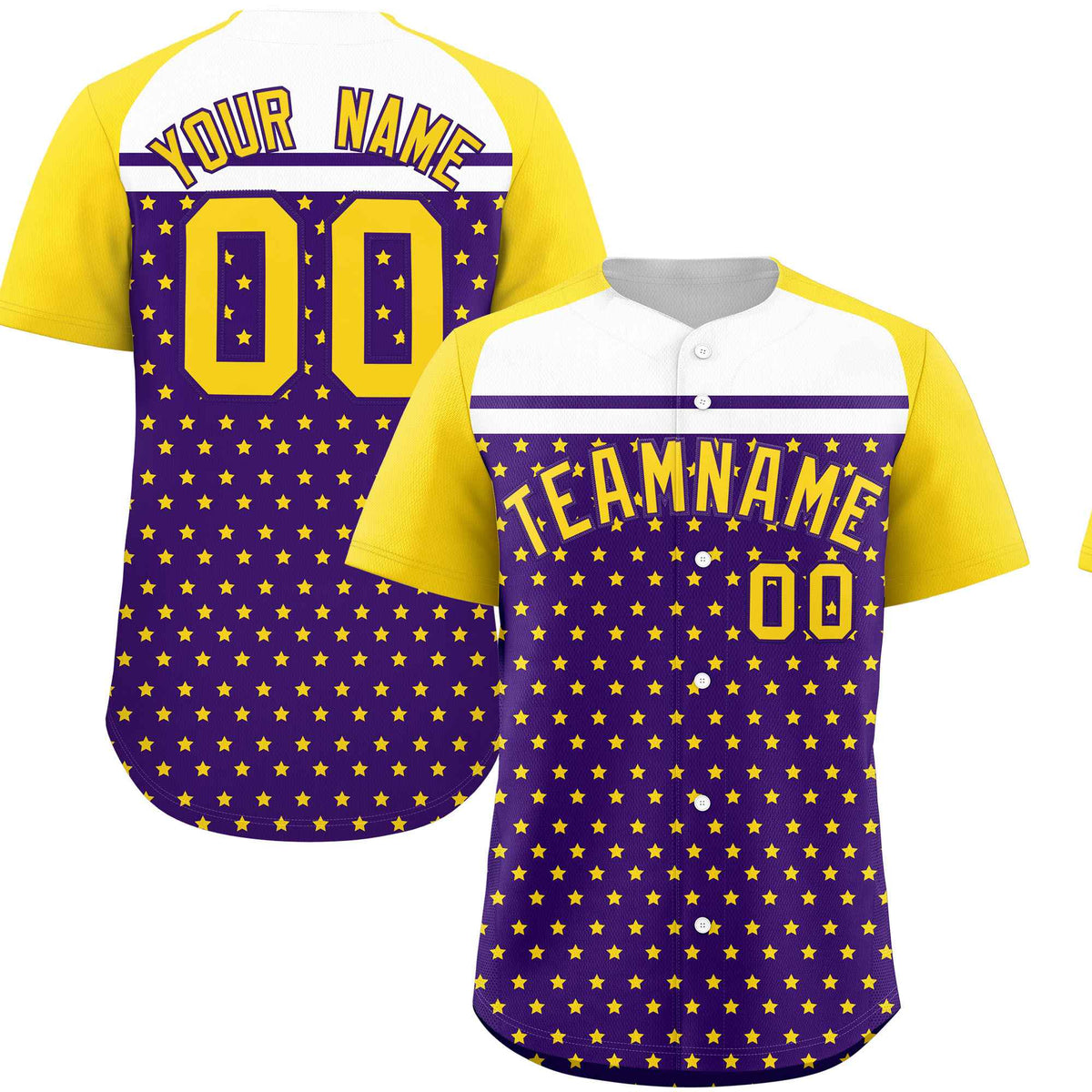 Custom Purple Gold-White Raglan Sleeve Personalized Star Print Authentic Baseball Jersey