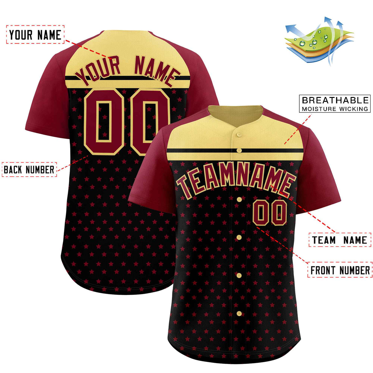 Custom Black Crimson-Khaki Raglan Sleeve Personalized Star Print Authentic Baseball Jersey