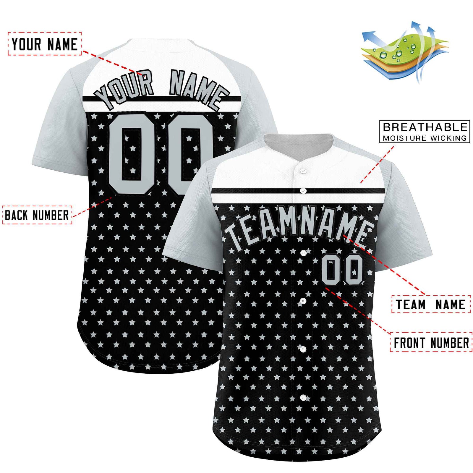 Custom Black Silver-White Raglan Sleeve Personalized Star Print Authentic Baseball Jersey