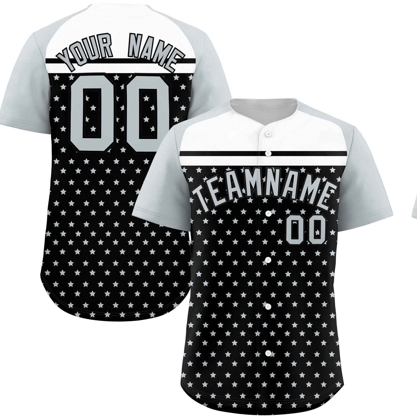 Custom Black Silver-White Raglan Sleeve Personalized Star Print Authentic Baseball Jersey