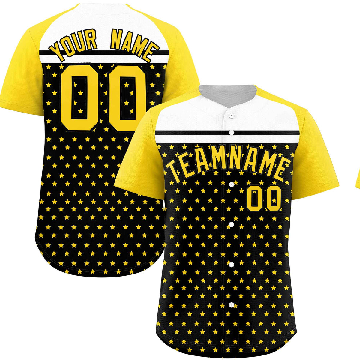 Custom Black Gold-White Raglan Sleeve Personalized Star Print Authentic Baseball Jersey