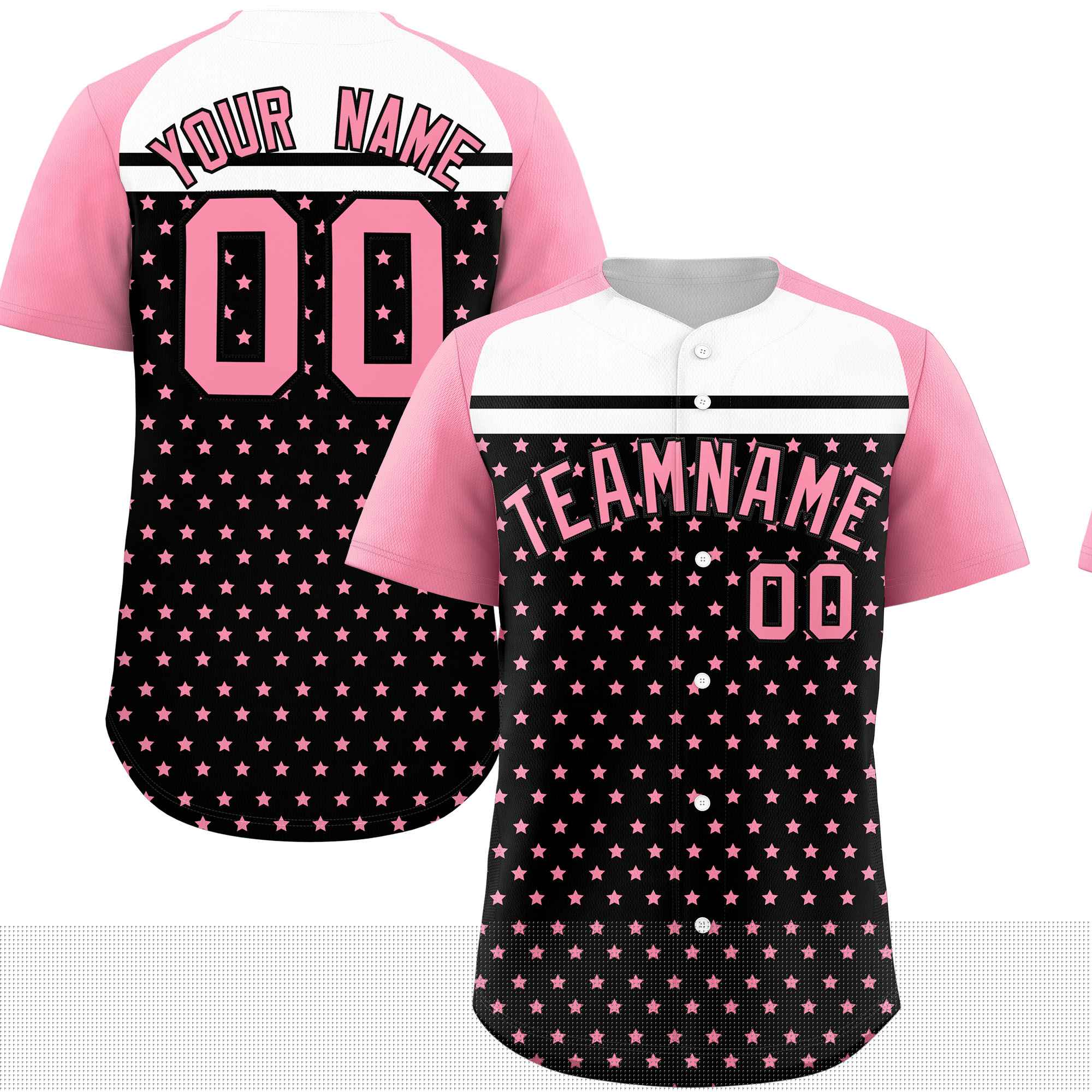 Custom Black Light Pink-White Raglan Sleeve Personalized Star Print Authentic Baseball Jersey
