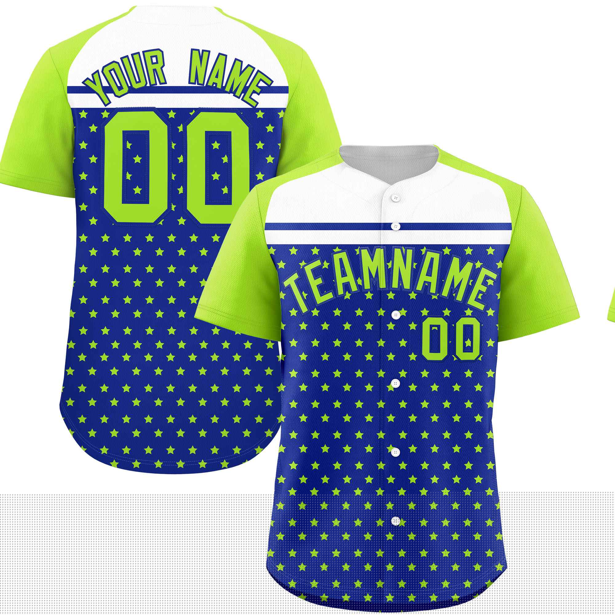 Custom Royal Neon Green-White Raglan Sleeve Personalized Star Print Authentic Baseball Jersey