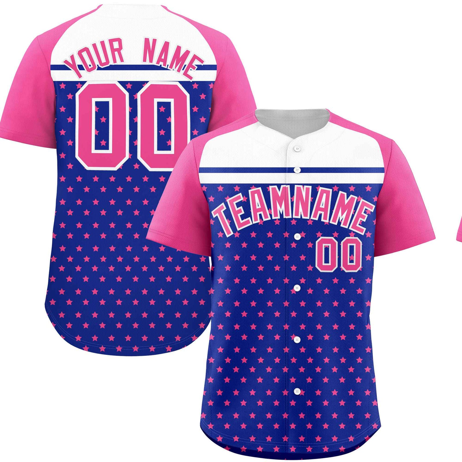Custom Royal Pink-White Raglan Sleeve Personalized Star Print Authentic Baseball Jersey
