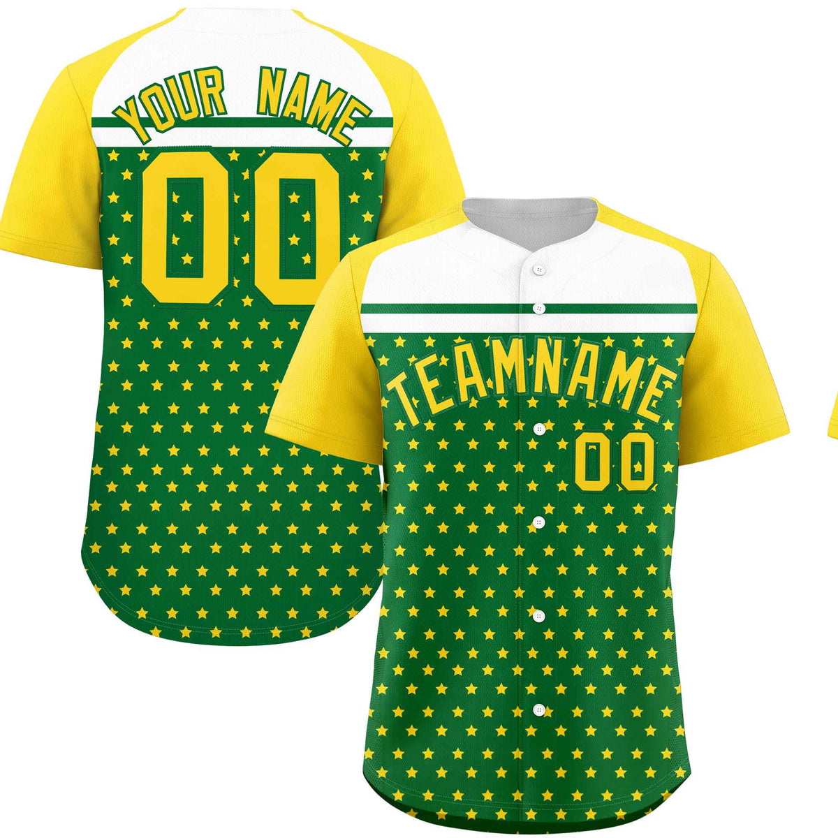 Custom Kelly Green Gold-White Raglan Sleeve Personalized Star Print Authentic Baseball Jersey